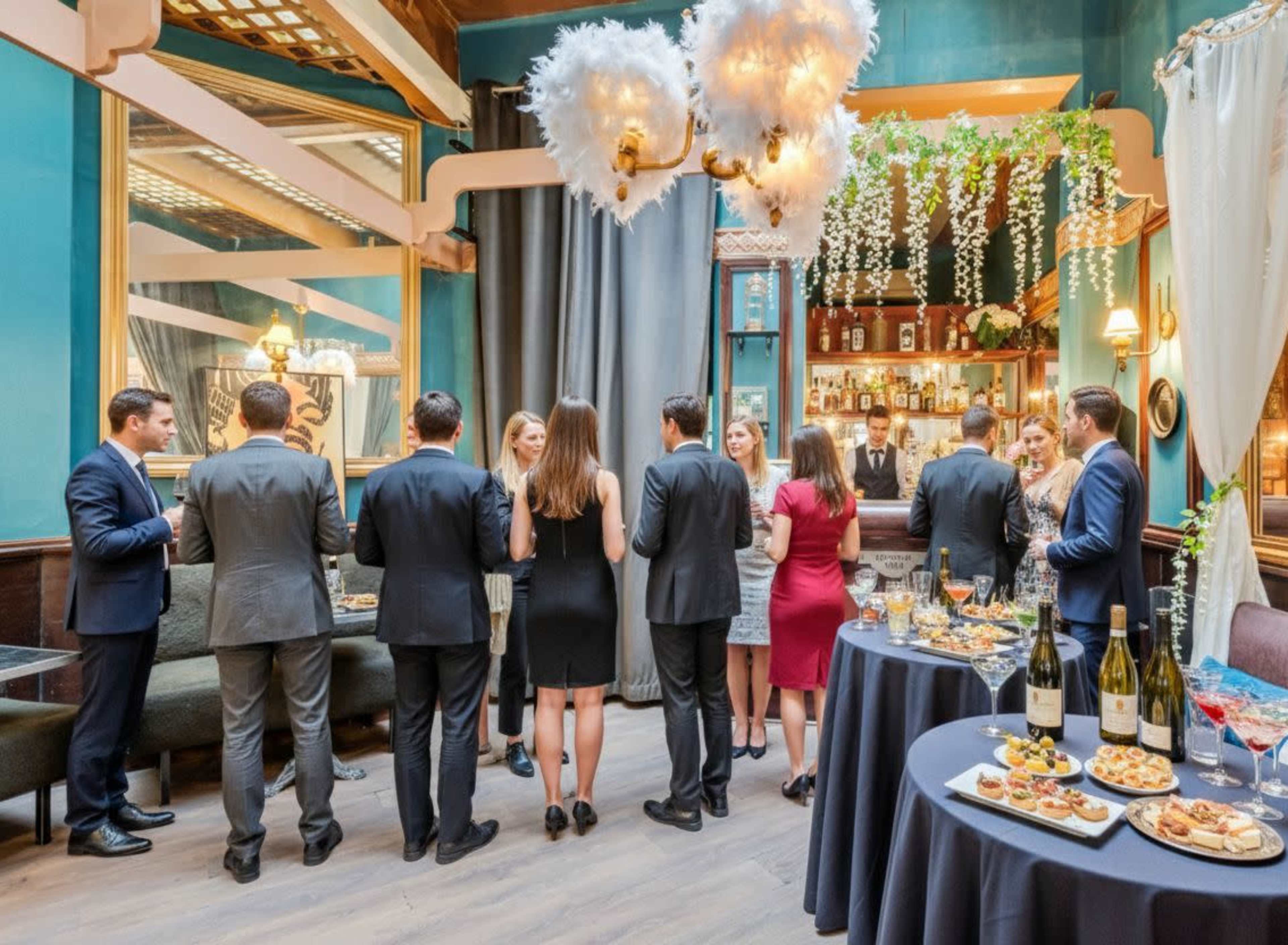 A group of elegantly dressed men and women socialize at a stylish bar adorned with greenery and decorative chandeliers.