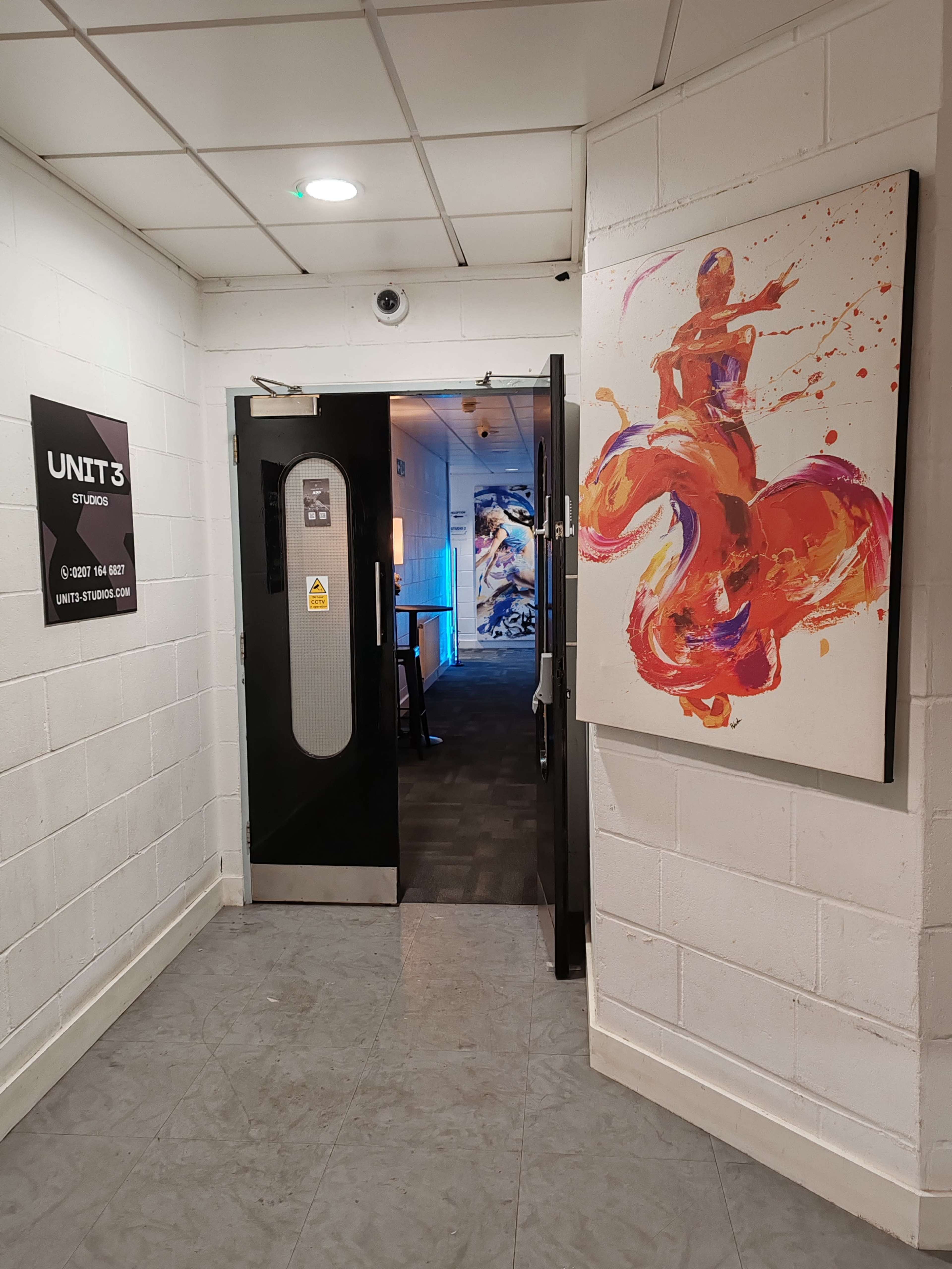 The image shows an entrance to a studio, featuring a door with a painted wall displaying colorful artwork beside a sign indicating "UNIT 3 STUDIOS."