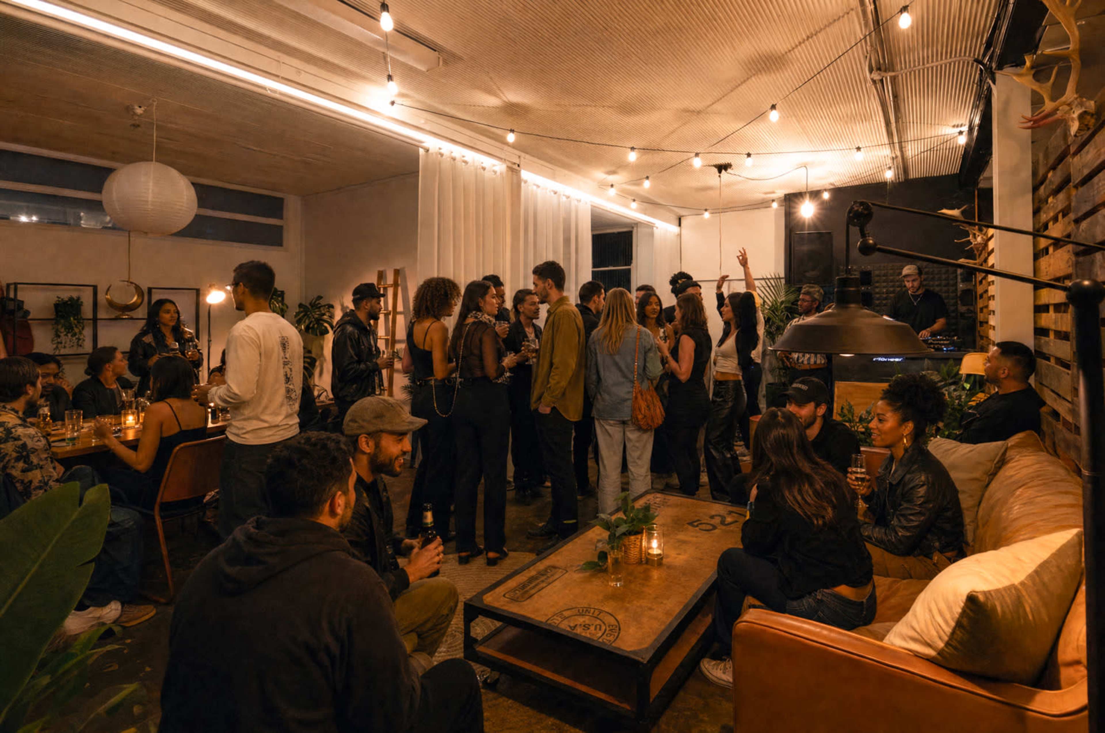 A lively indoor gathering is taking place in a warmly lit space filled with people socializing and enjoying drinks.