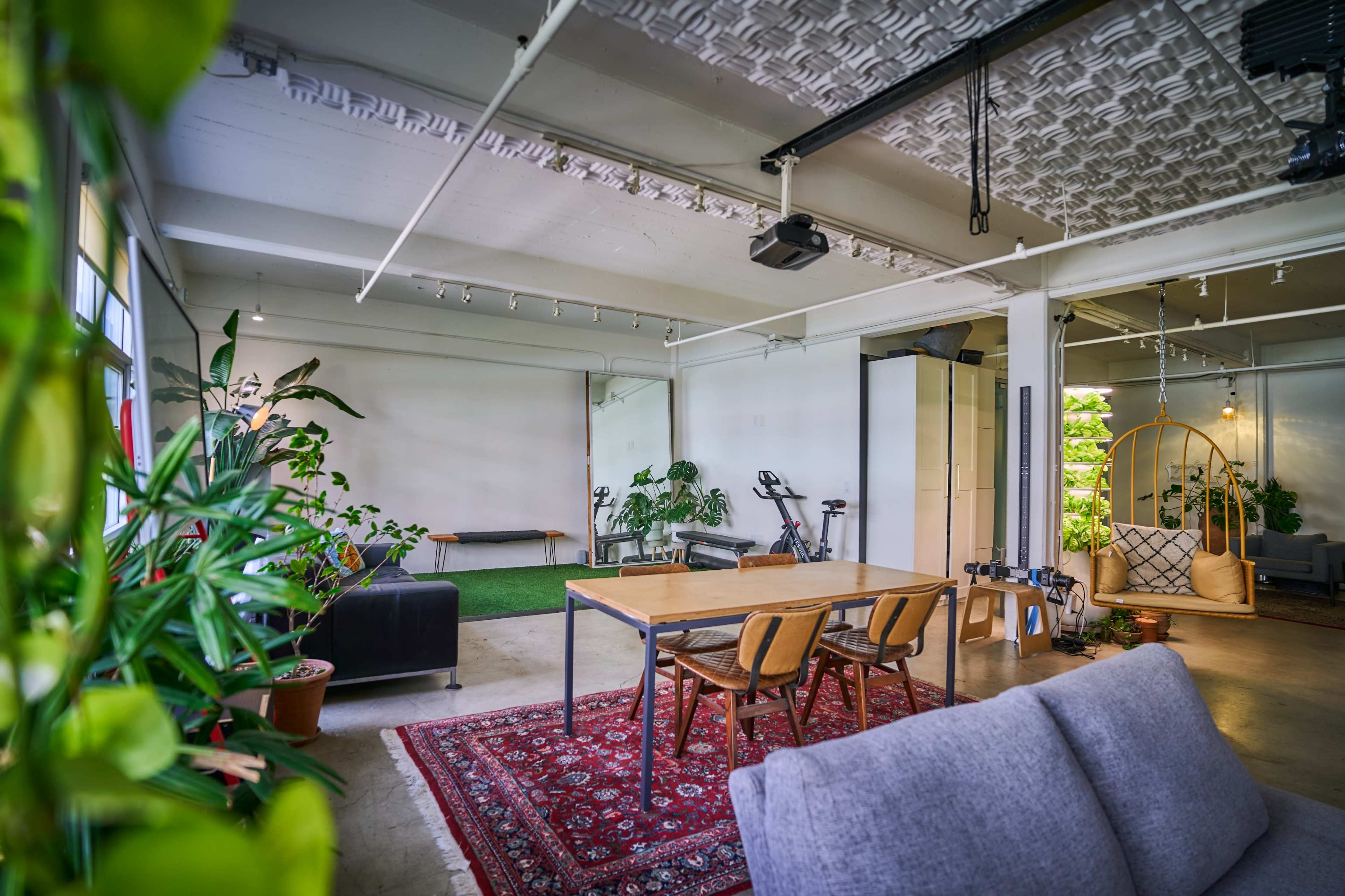 The image depicts a spacious, modern interior featuring a dining table, seating area, and exercise equipment, surrounded by various indoor plants.