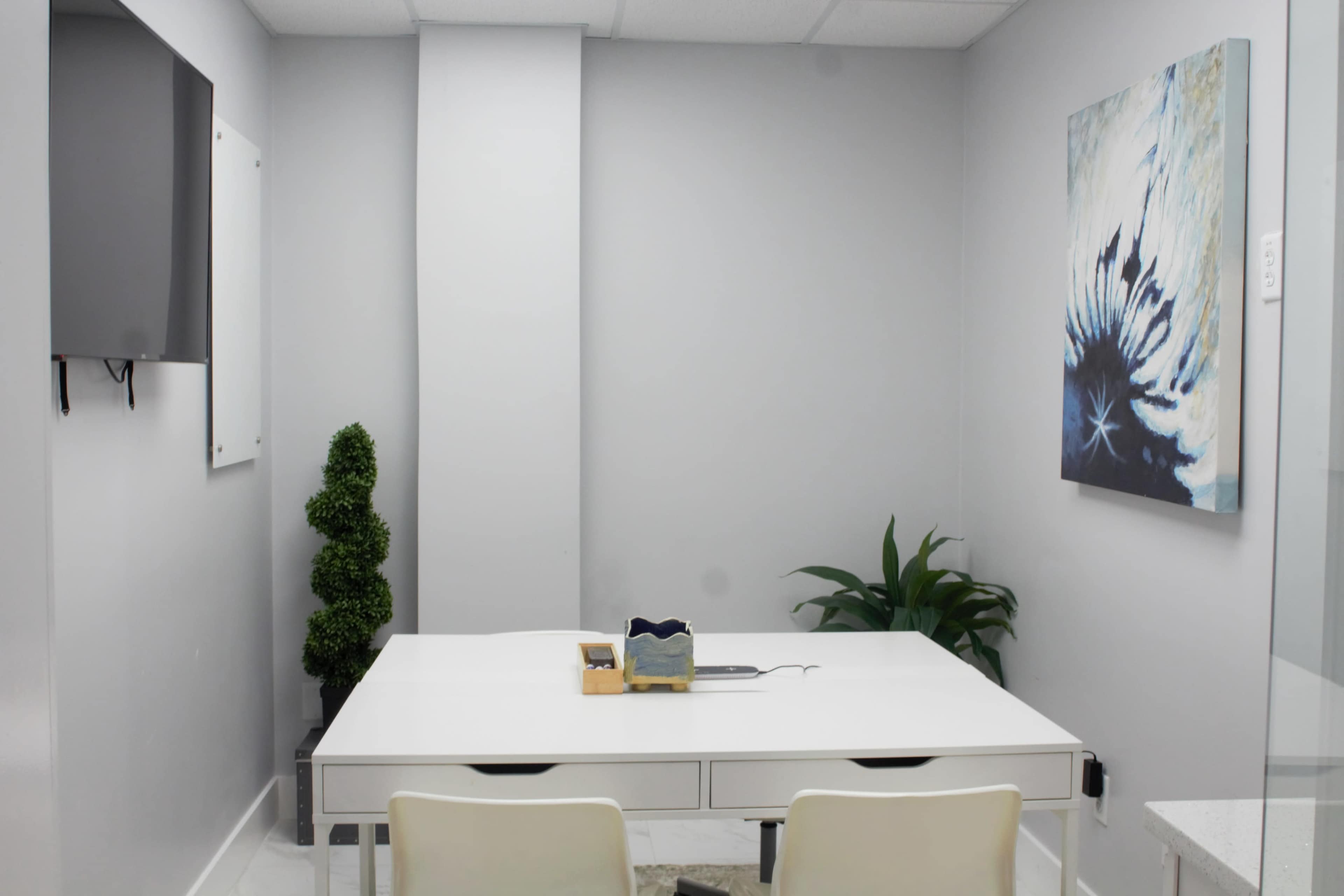 A small, modern meeting room with a white table, two chairs, a plant, and artwork on the wall.