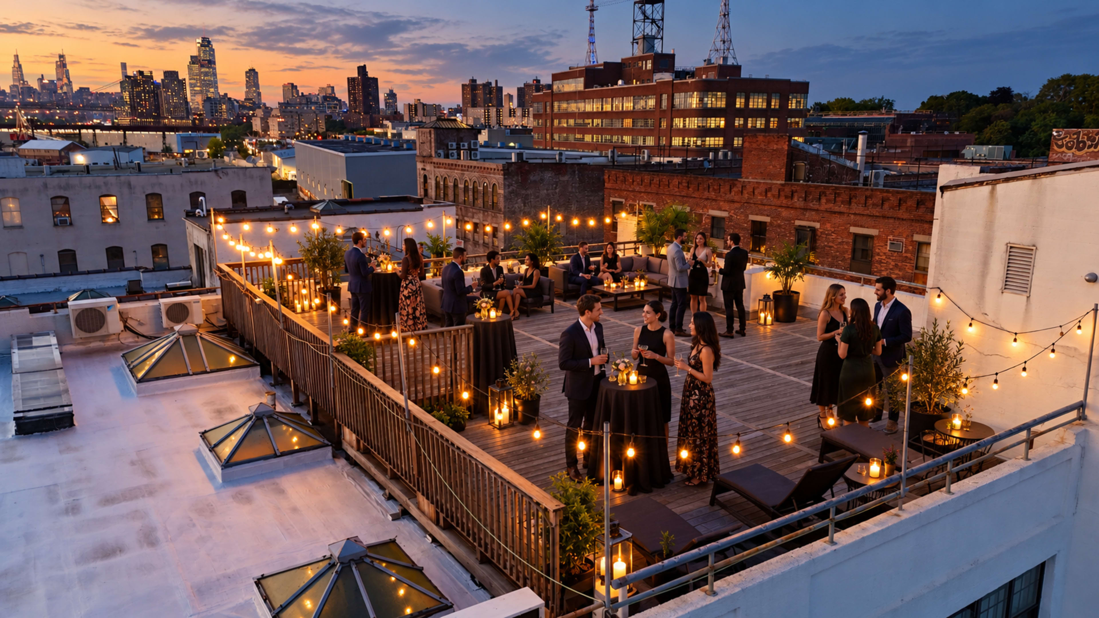 The image shows a rooftop venue in an urban setting, featuring string lights and people socializing during a sunset.