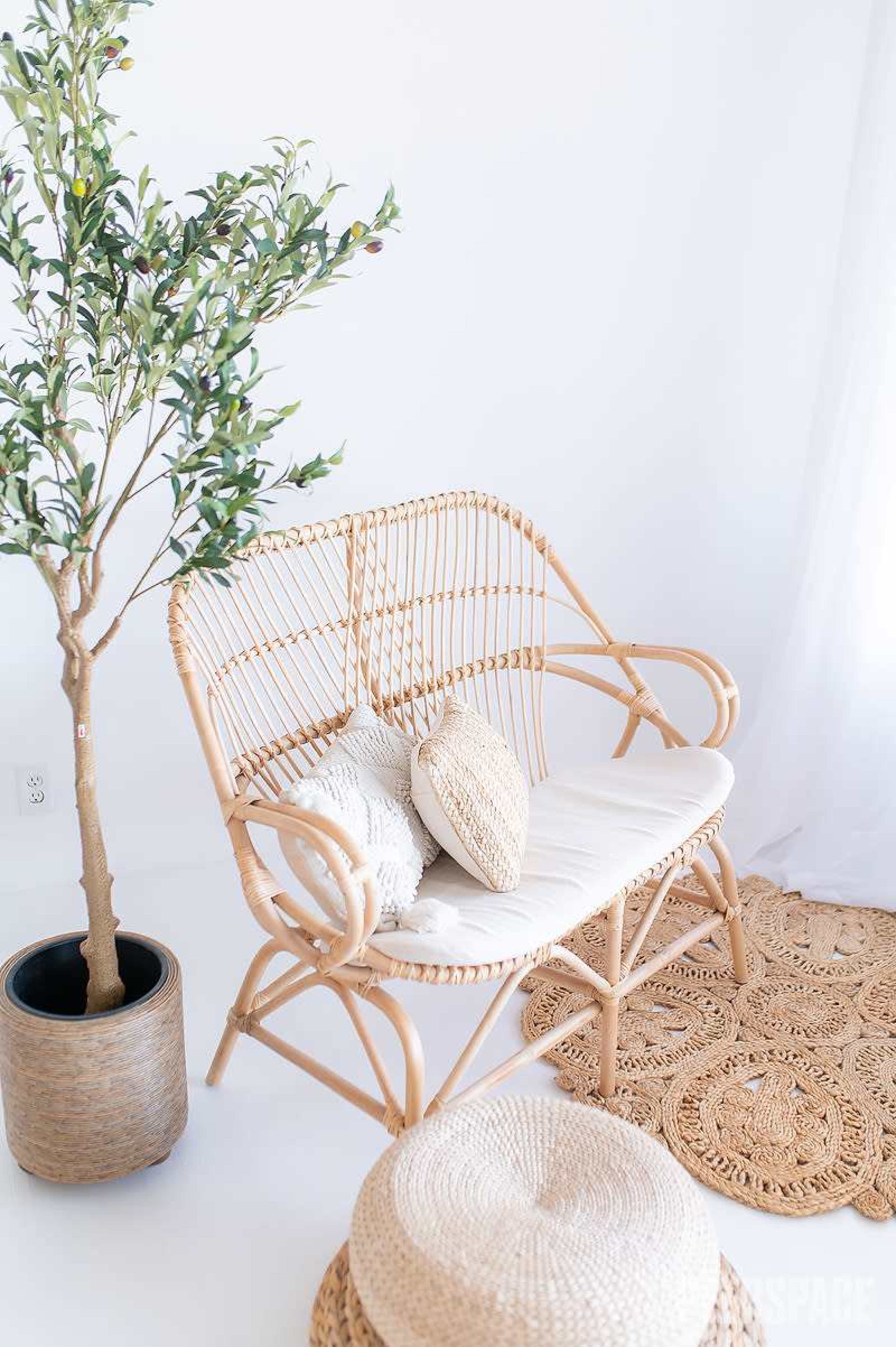 The image shows a rattan-style loveseat with decorative pillows, accompanied by a potted faux tree and a round woven rug on a light background.