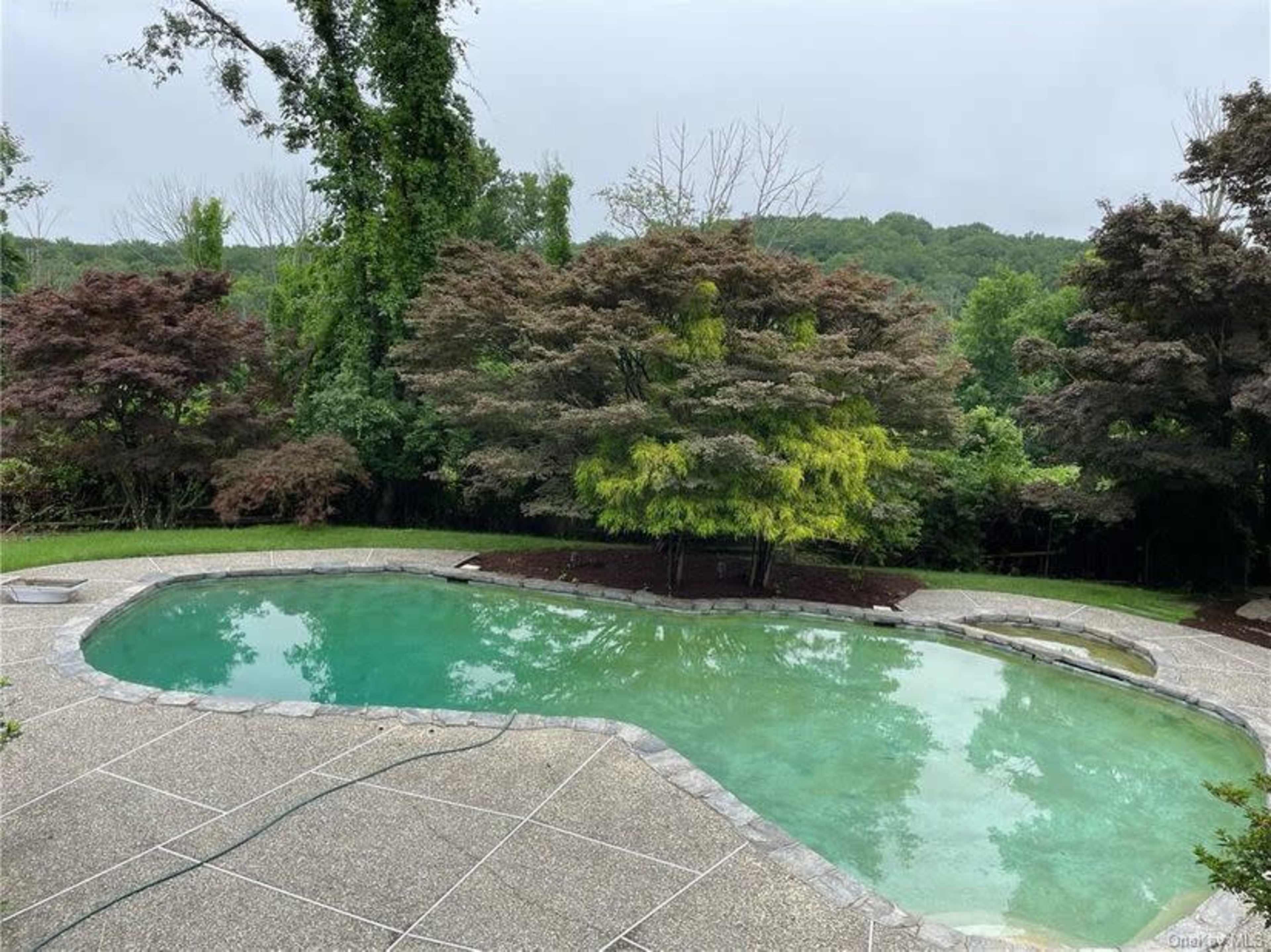 A partially cloudy sky overlooks a swimming pool surrounded by landscaped trees and a stone patio.