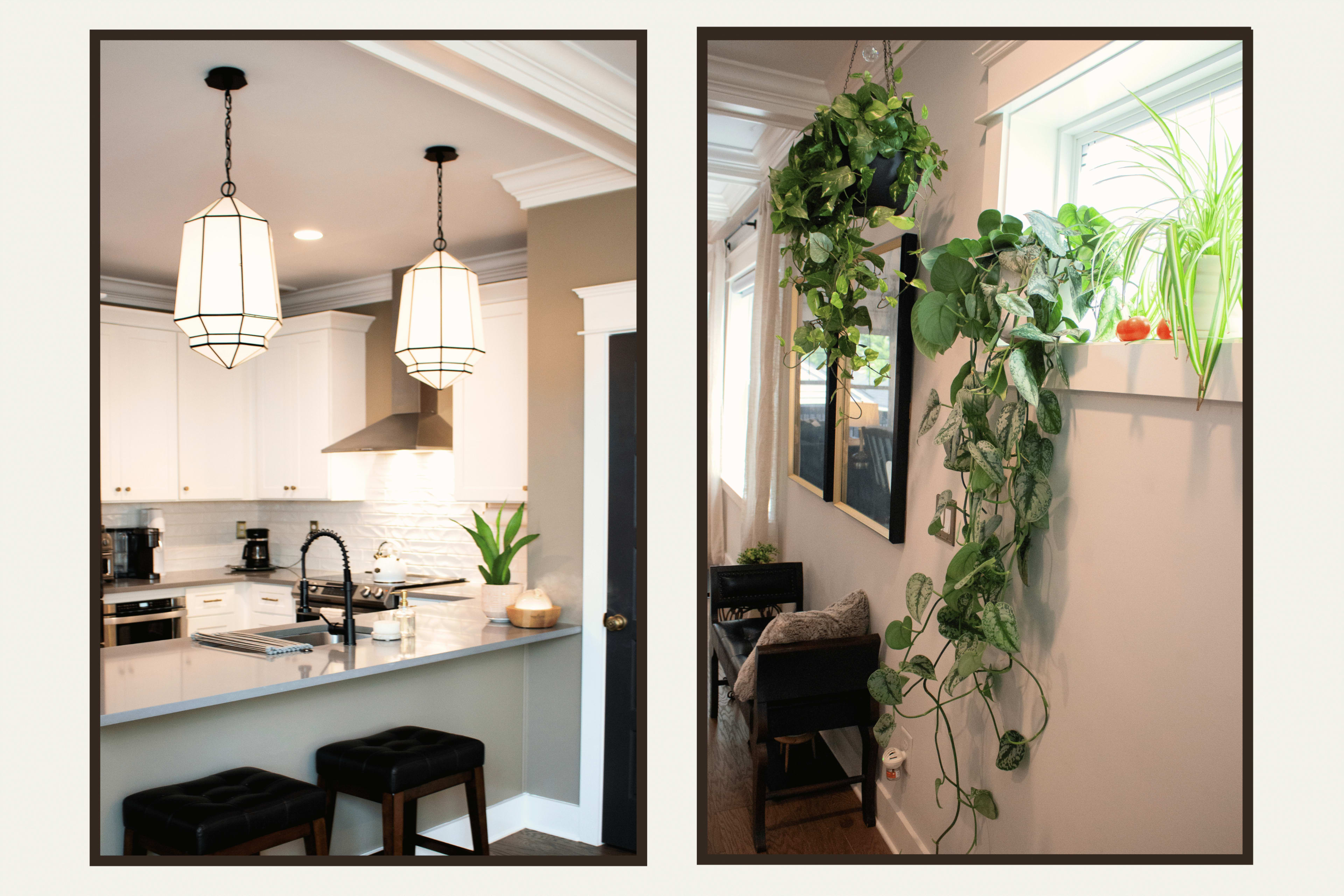 The image shows a modern kitchen with white cabinetry and pendant lights on the left, and a wall adorned with greenery and decor on the right.