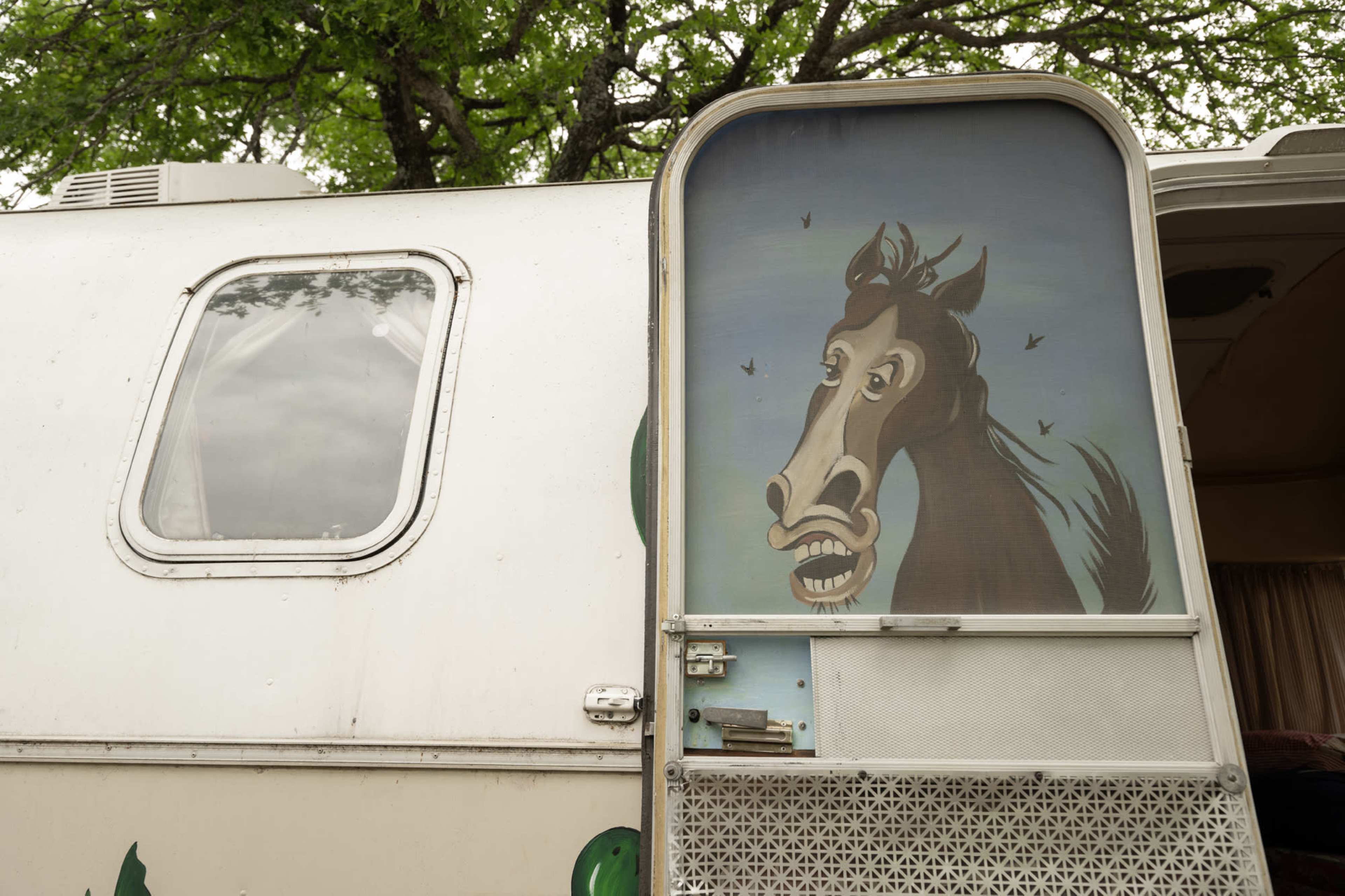A large, cartoonish horse painting decorates the door of a camper trailer under a leafy tree.