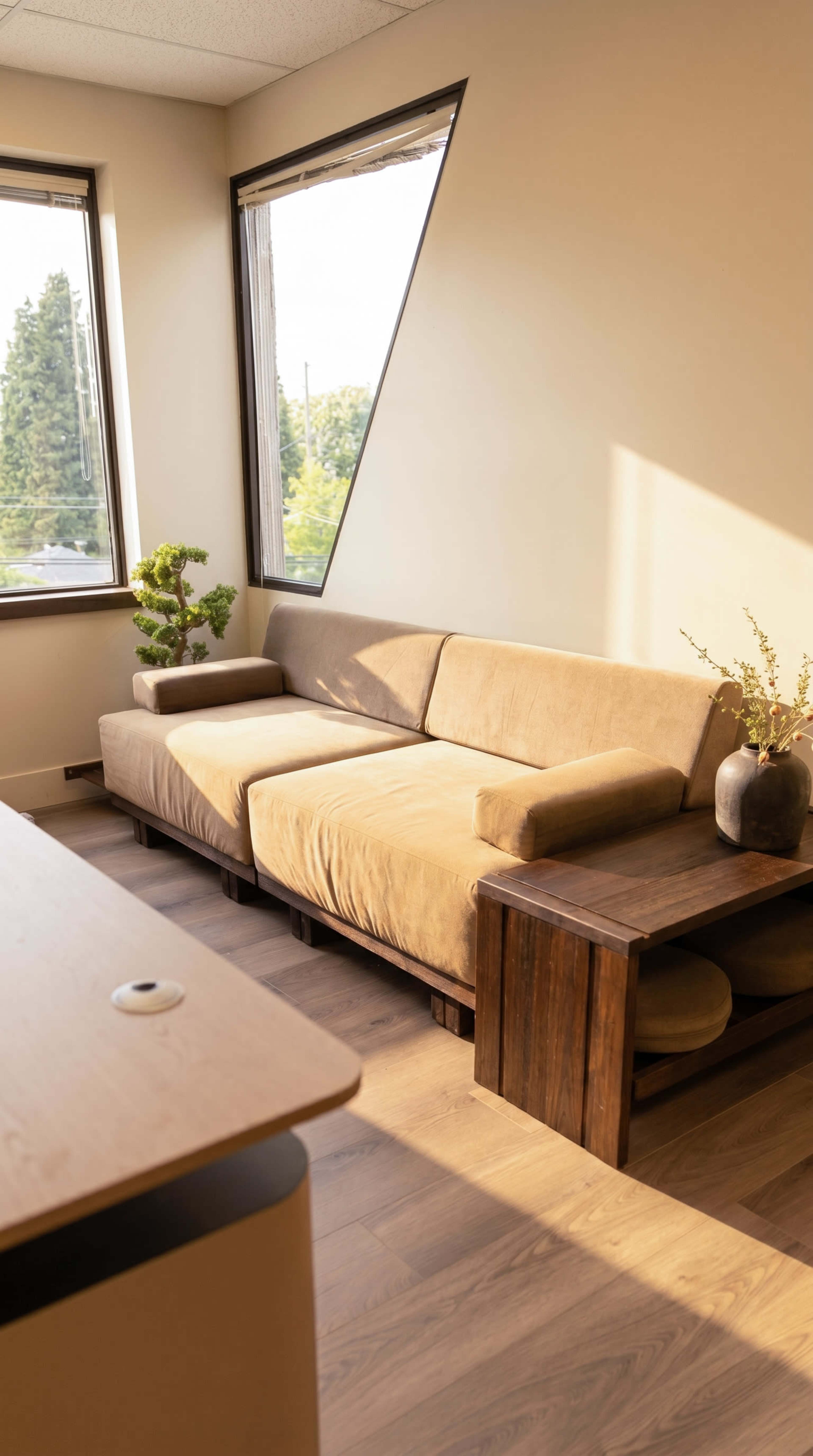 A light-filled room features a beige couch positioned near large angled windows, accompanied by a wooden side table and decorative plants.