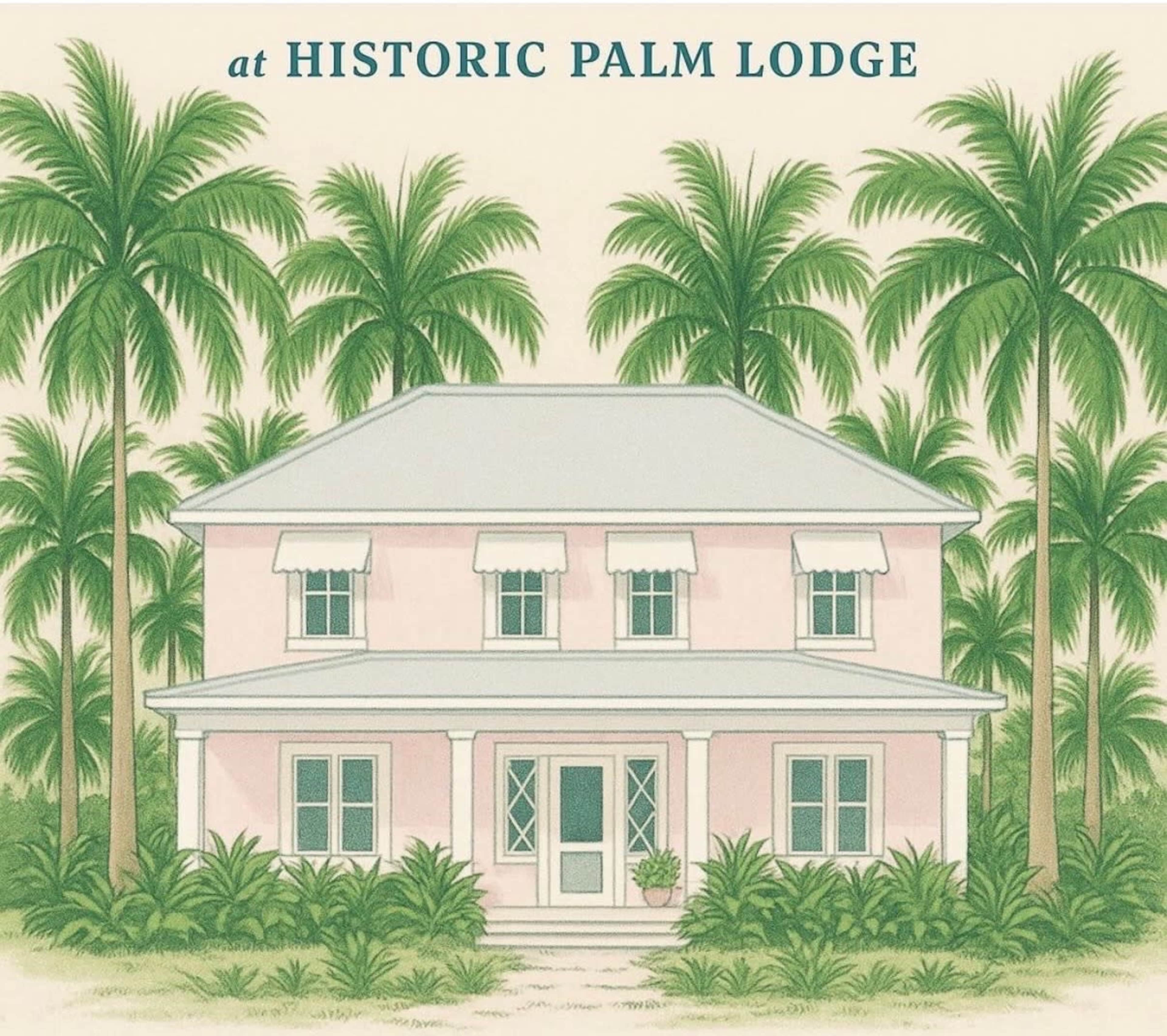 The image depicts a two-story pink house surrounded by palm trees, with a porch and multiple windows.