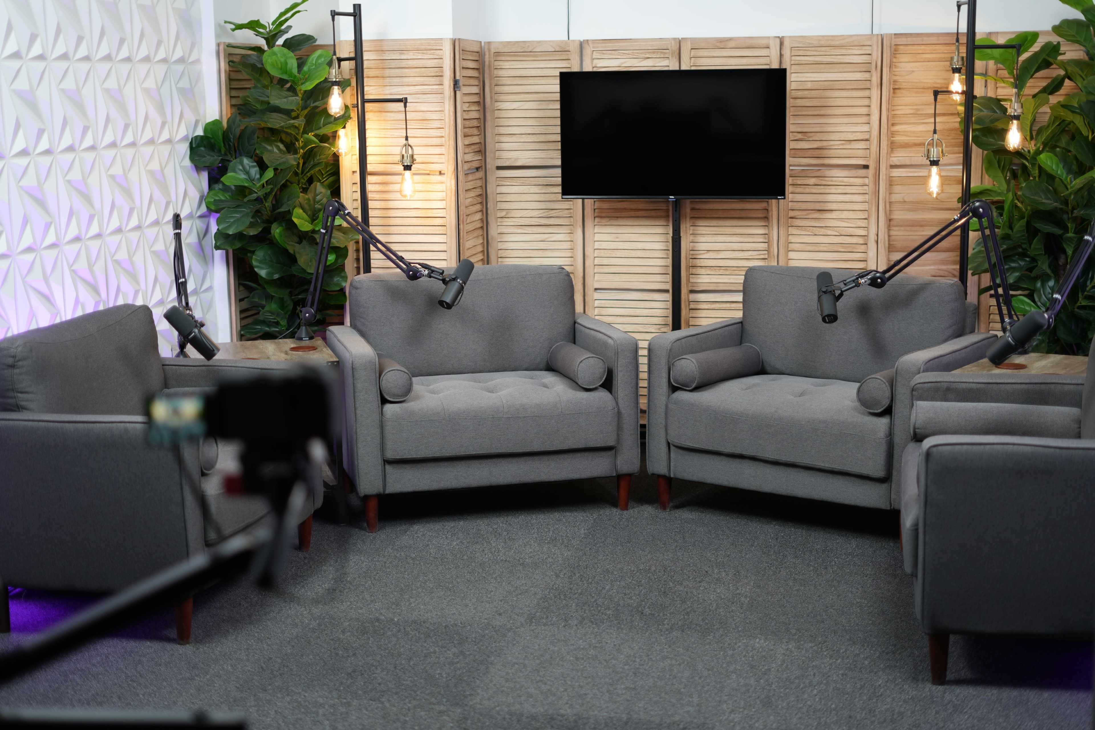 The image shows a cozy seating area with two gray armchairs facing each other, surrounded by plants and equipped with microphone stands, set against a wooden panel backdrop and a mounted television.