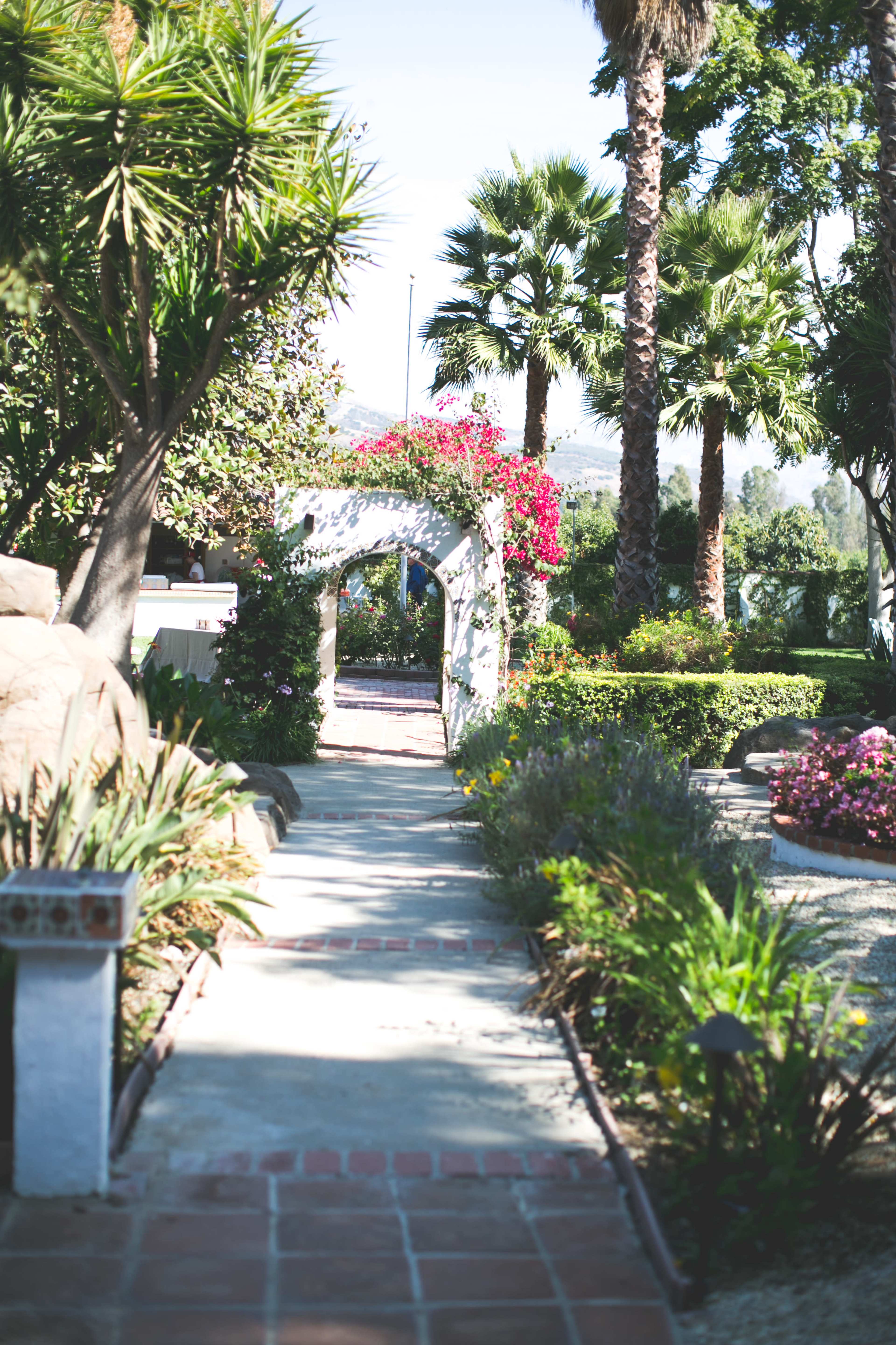 A stone pathway lined with lush greenery and blooming flowers leads through an archway adorned with climbing plants.