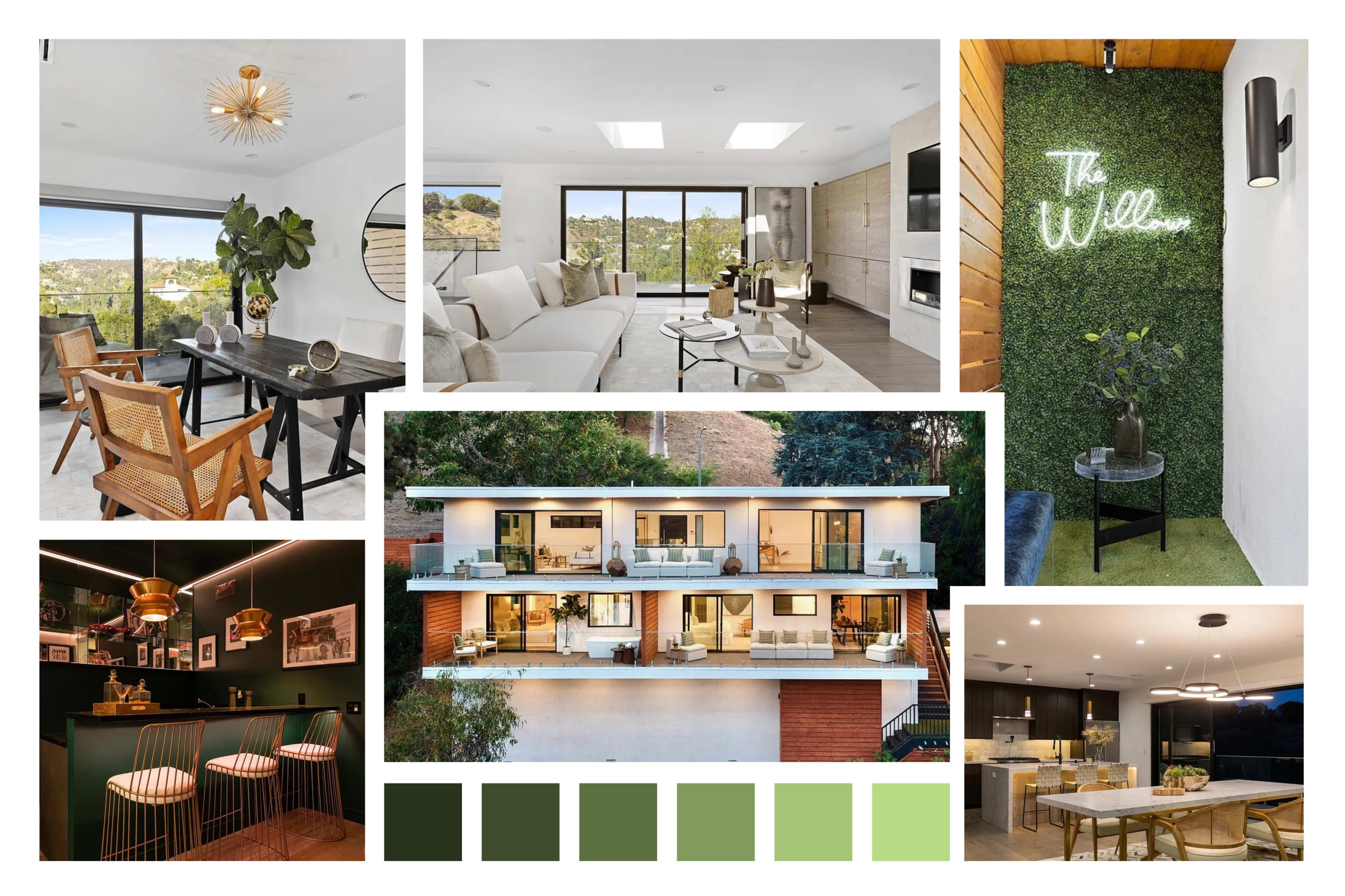 The image showcases a modern home interior and exterior, featuring elegant furnishings, large windows, and a blend of green vegetation.