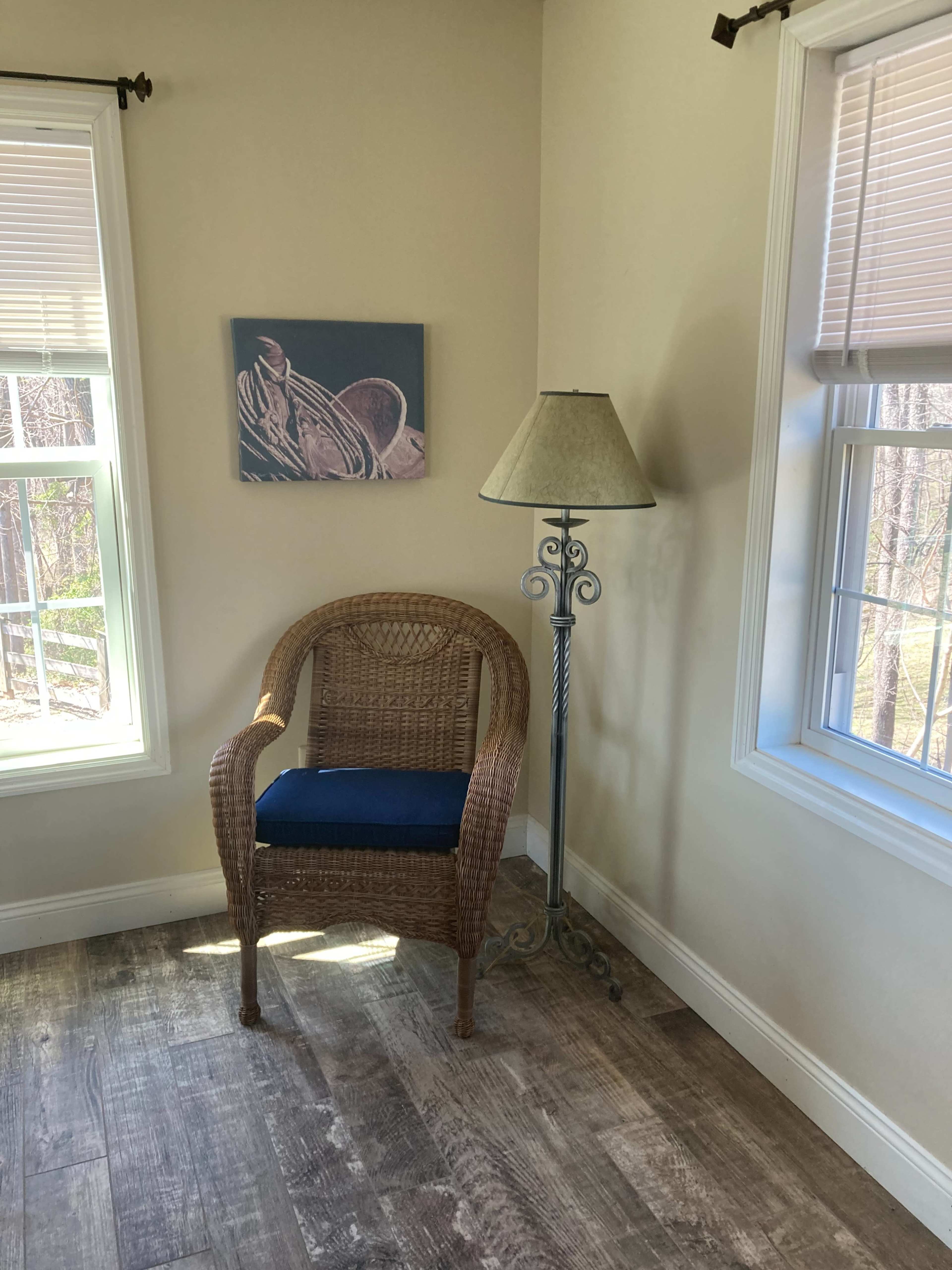 A wicker chair with a blue cushion is positioned next to a floor lamp in a well-lit corner of a room featuring a nature-themed painting on the wall.