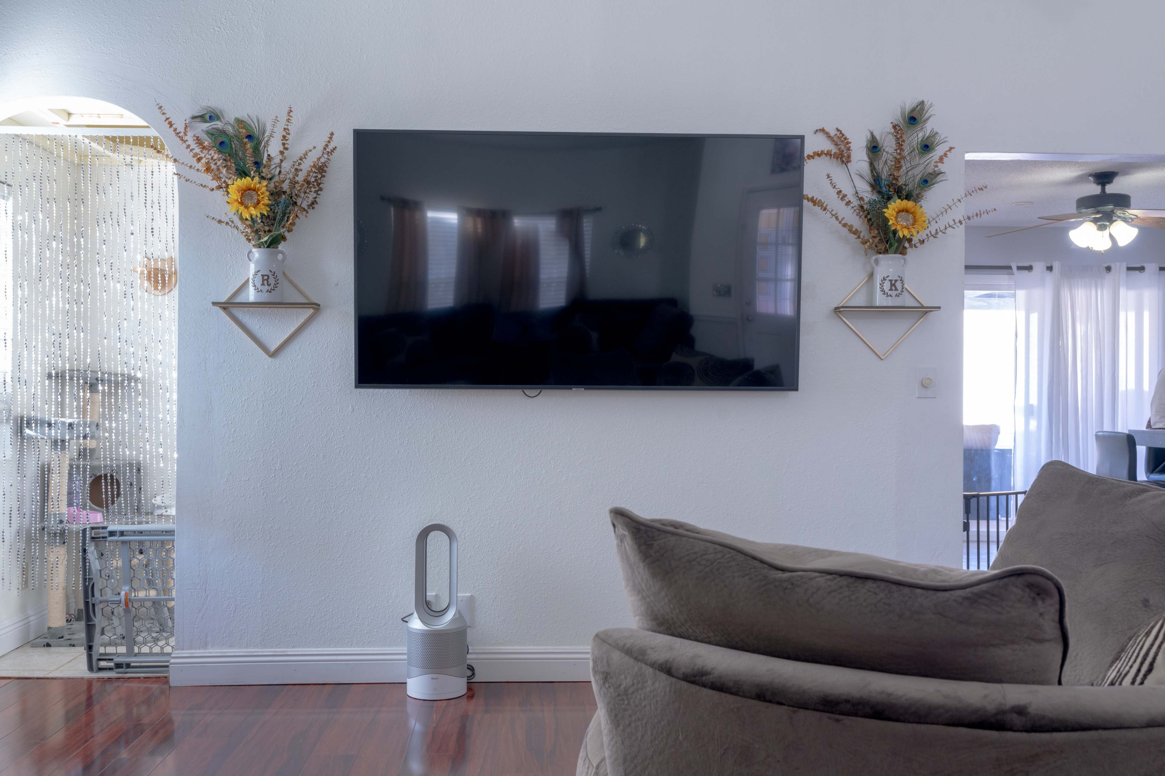 The living room features a mounted television on a white wall, flanked by decorative wall planters, with a floor lamp and a couch in the foreground.