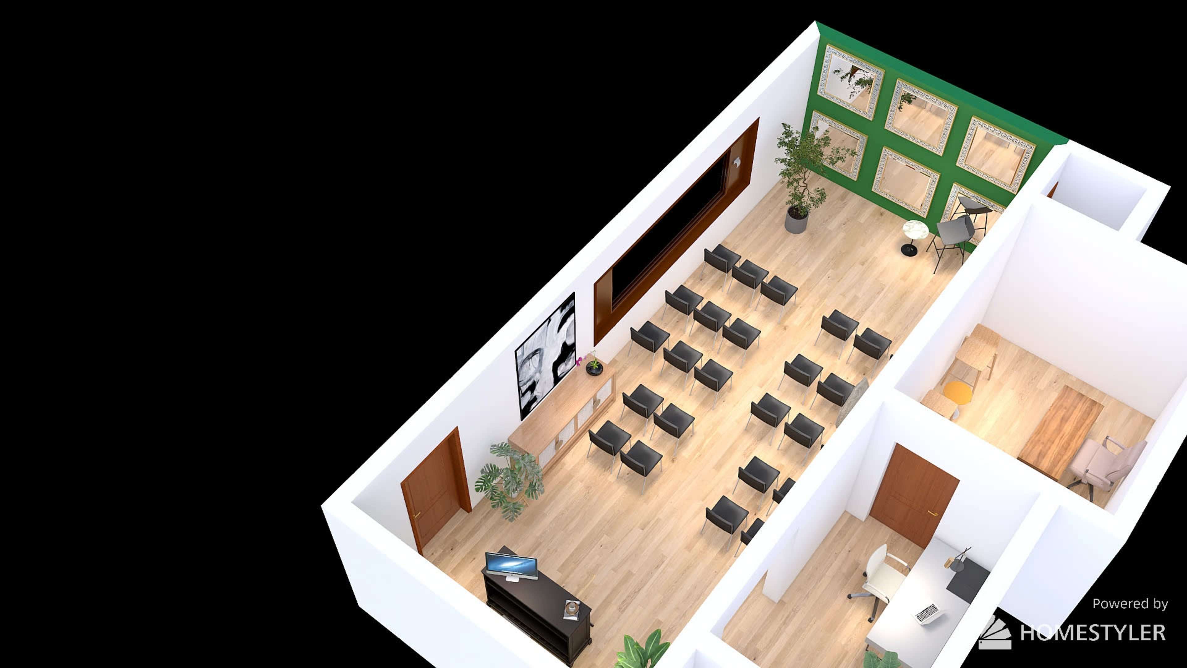 A modern conference room with rows of chairs facing a large screen, complemented by green walls displaying framed pictures.