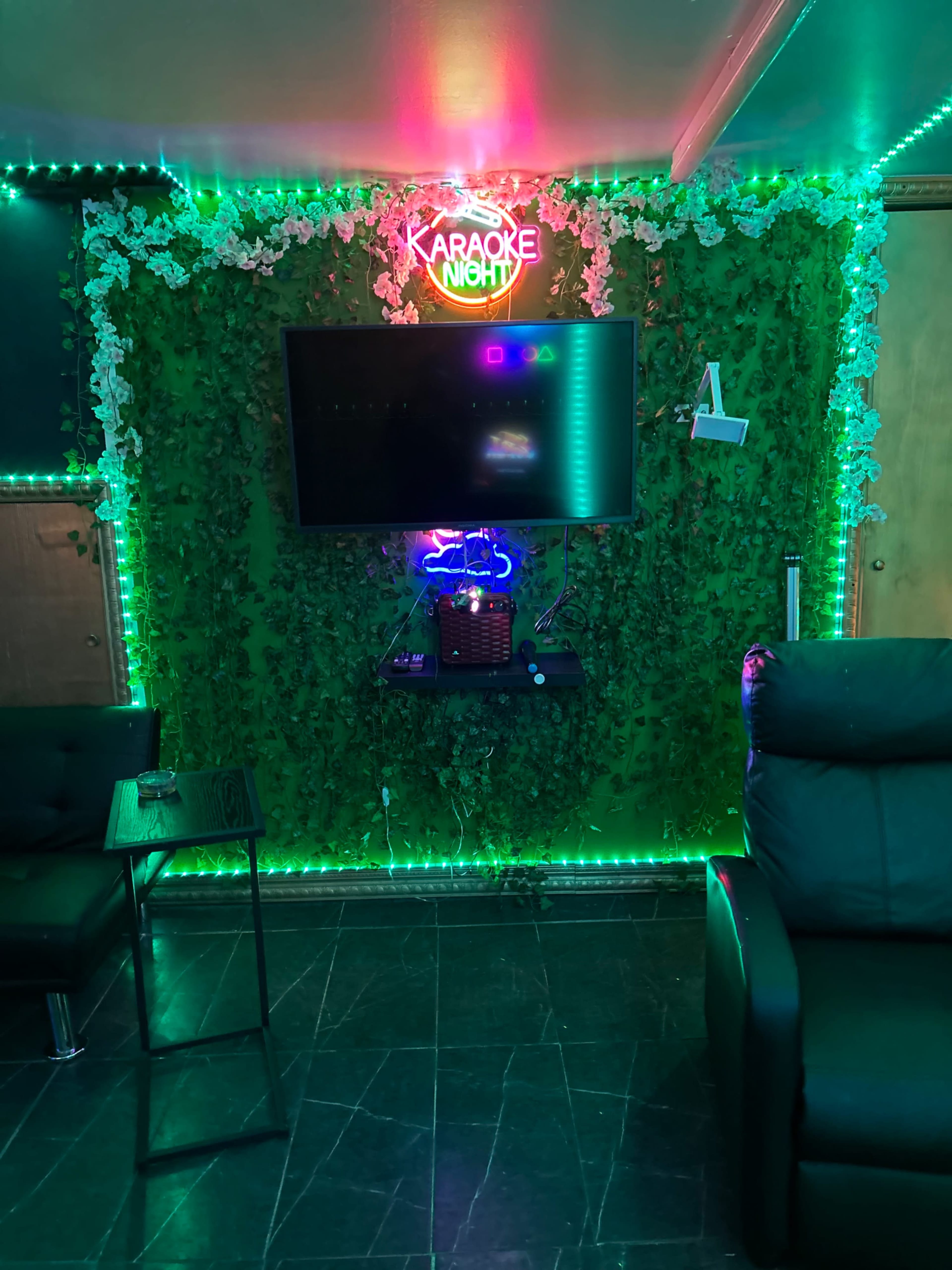 A karaoke setup featuring a neon sign, a television, and a sound system against a green foliage backdrop, with LED lights illuminating the area.