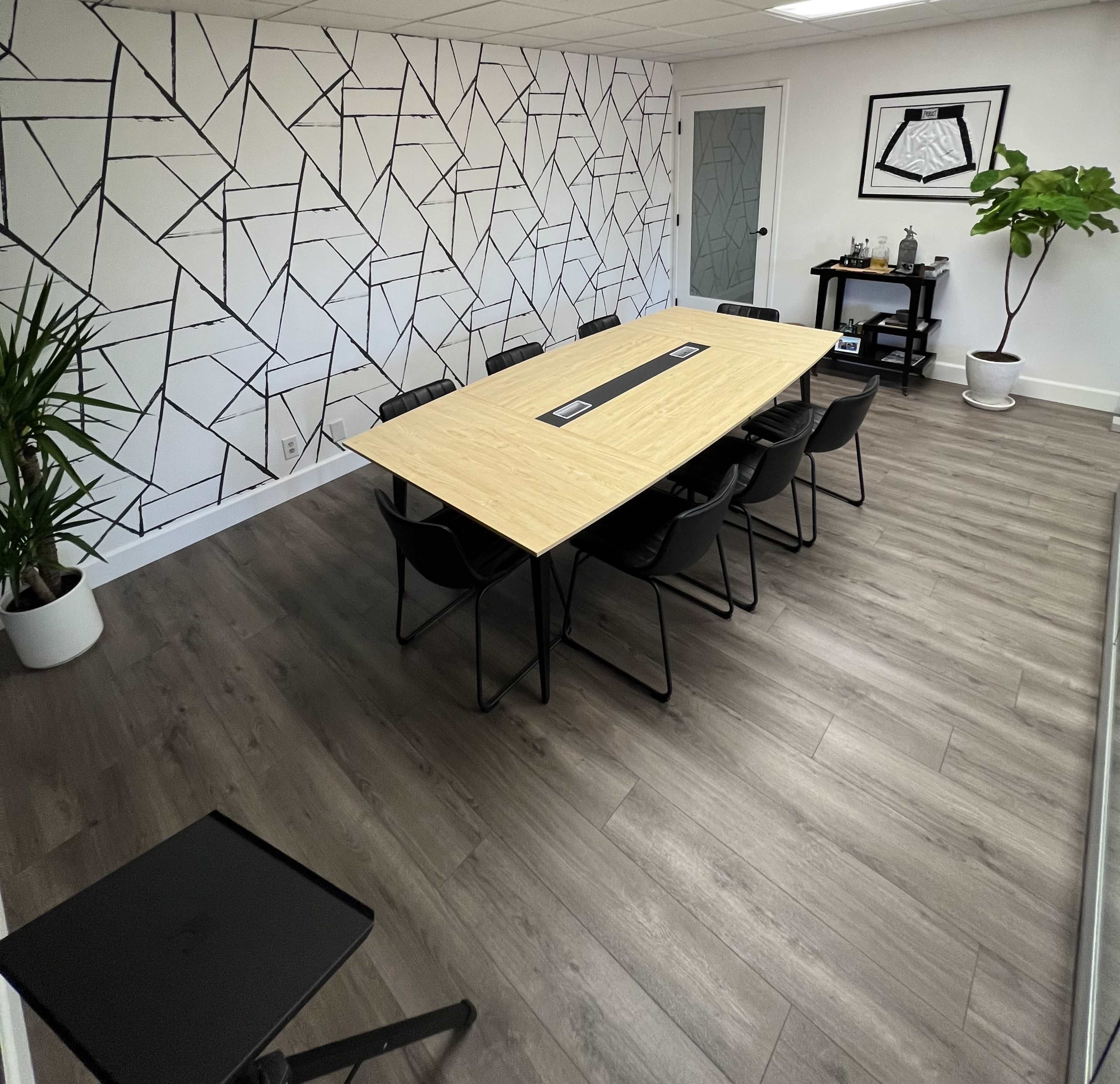 A conference room features a large rectangular table surrounded by black chairs, with a patterned wall and a potted plant in the corner.