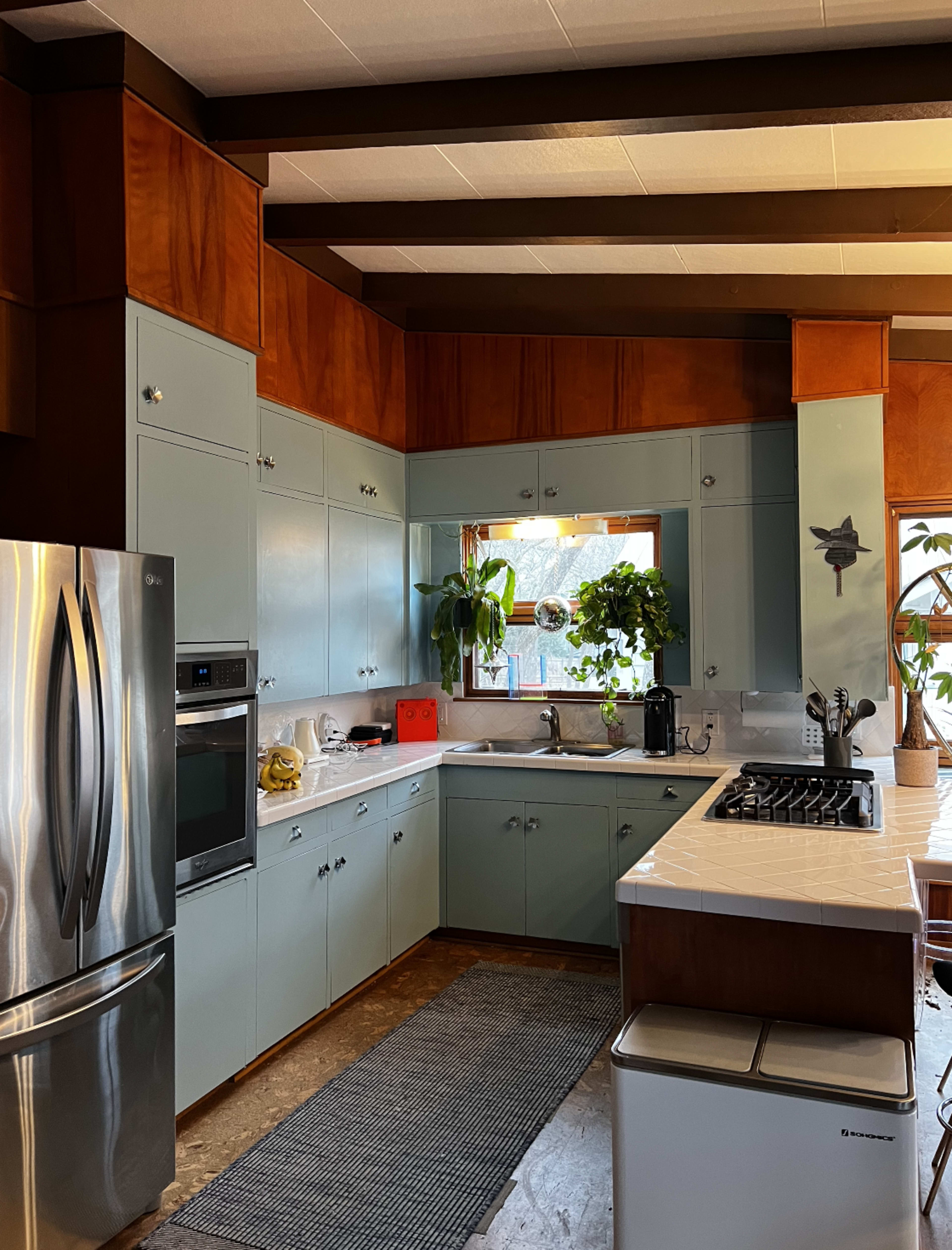 The image shows a modern kitchen with light blue cabinets, stainless steel appliances, and a window surrounded by plants.