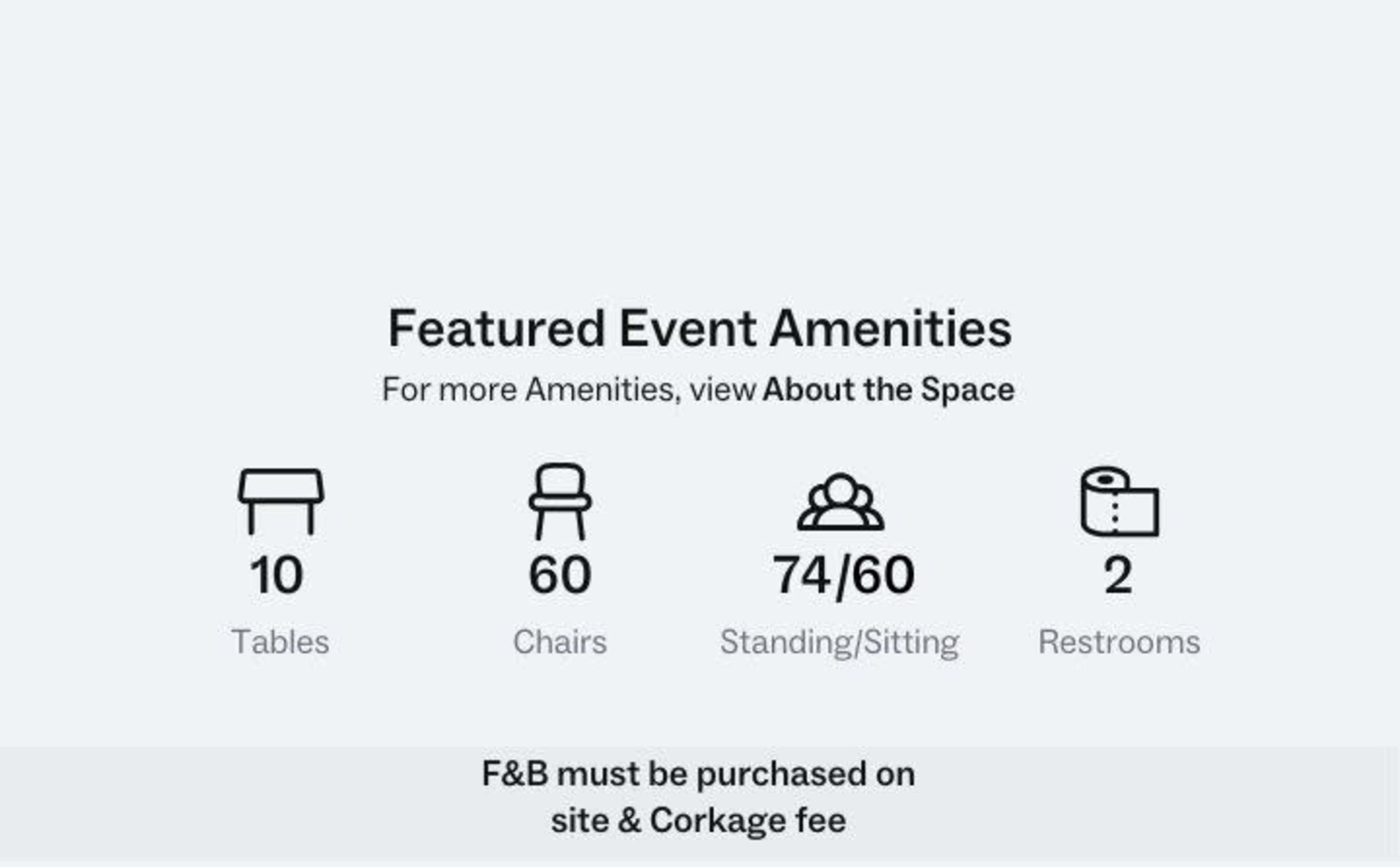 Event amenities, including 10 tables, 60 chairs, 74 seating capacity, and 2 restrooms.