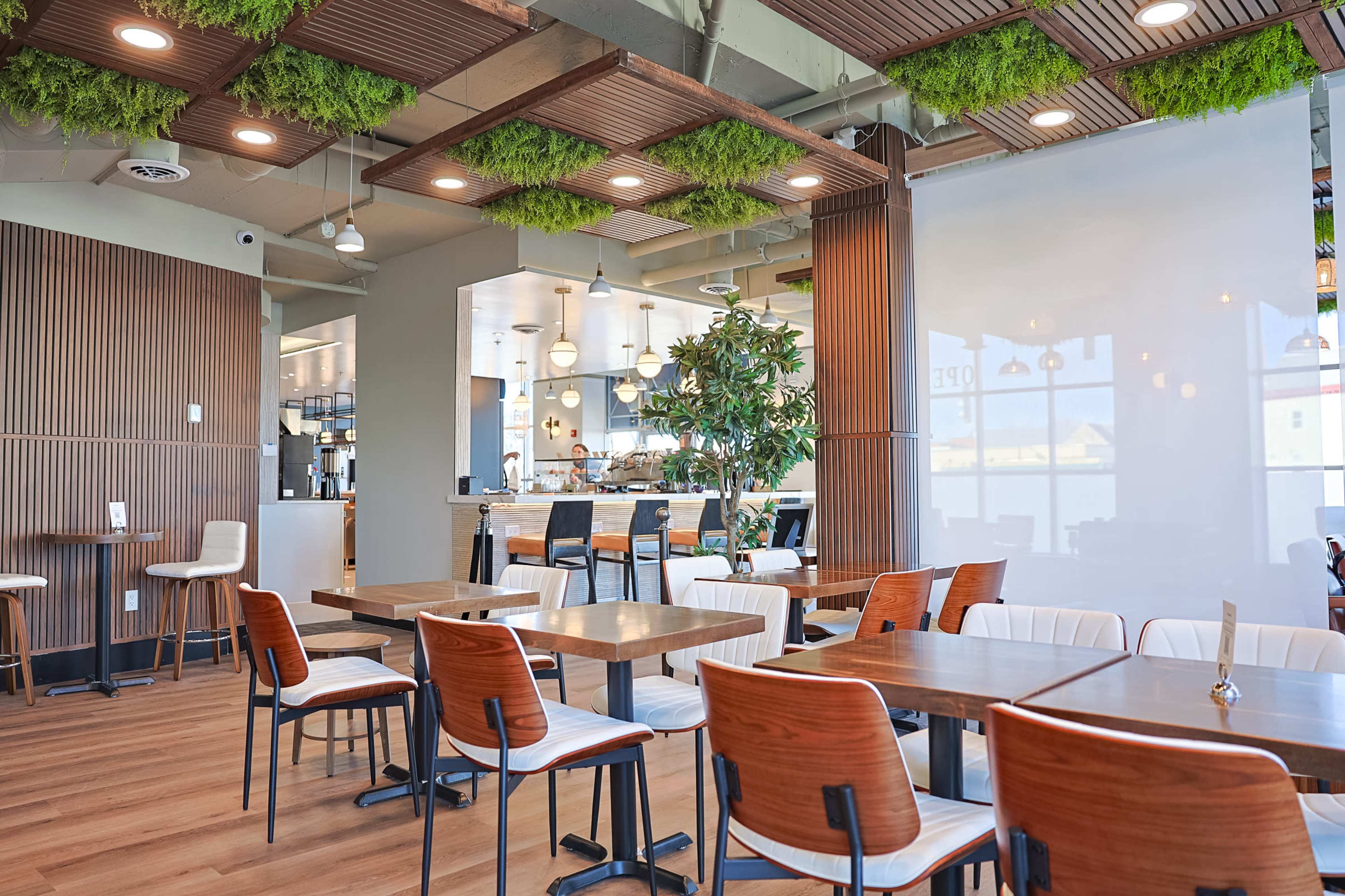 The image shows a modern restaurant interior featuring wooden tables and chairs, lush greenery on the ceiling, and a visible kitchen area in the background.