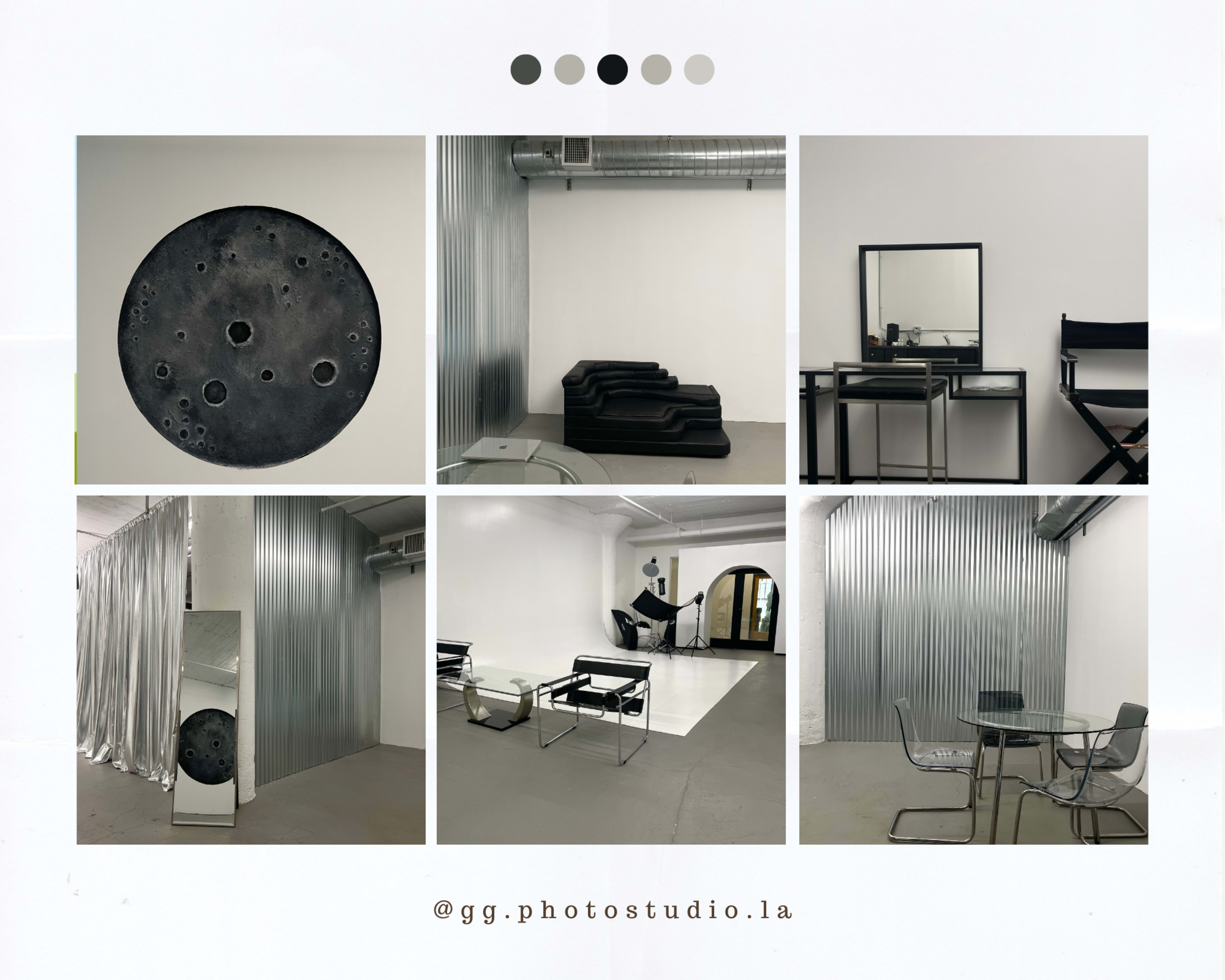 A modern studio space with various design elements, including a textured circular wall art piece and a sleek mirrored vanity area.