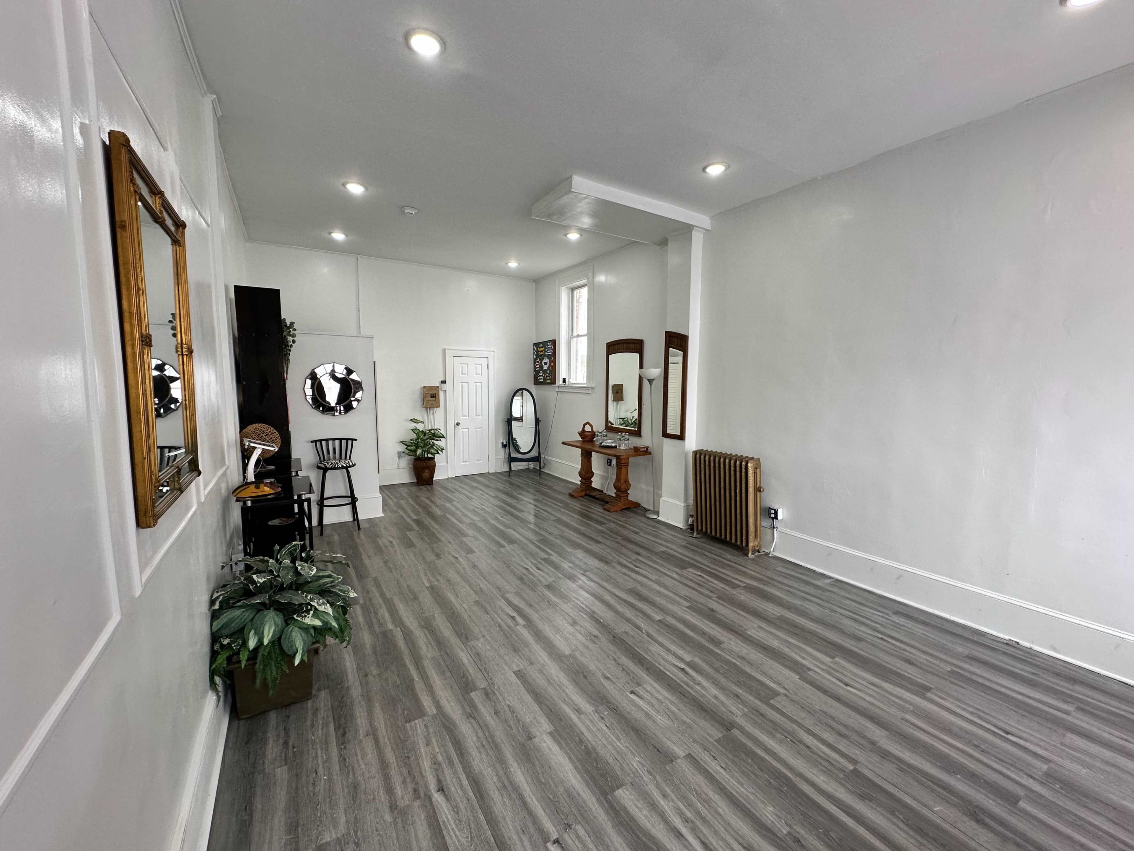 The image shows a spacious, empty room featuring wooden flooring, a large mirror, a chair, and a small plant.