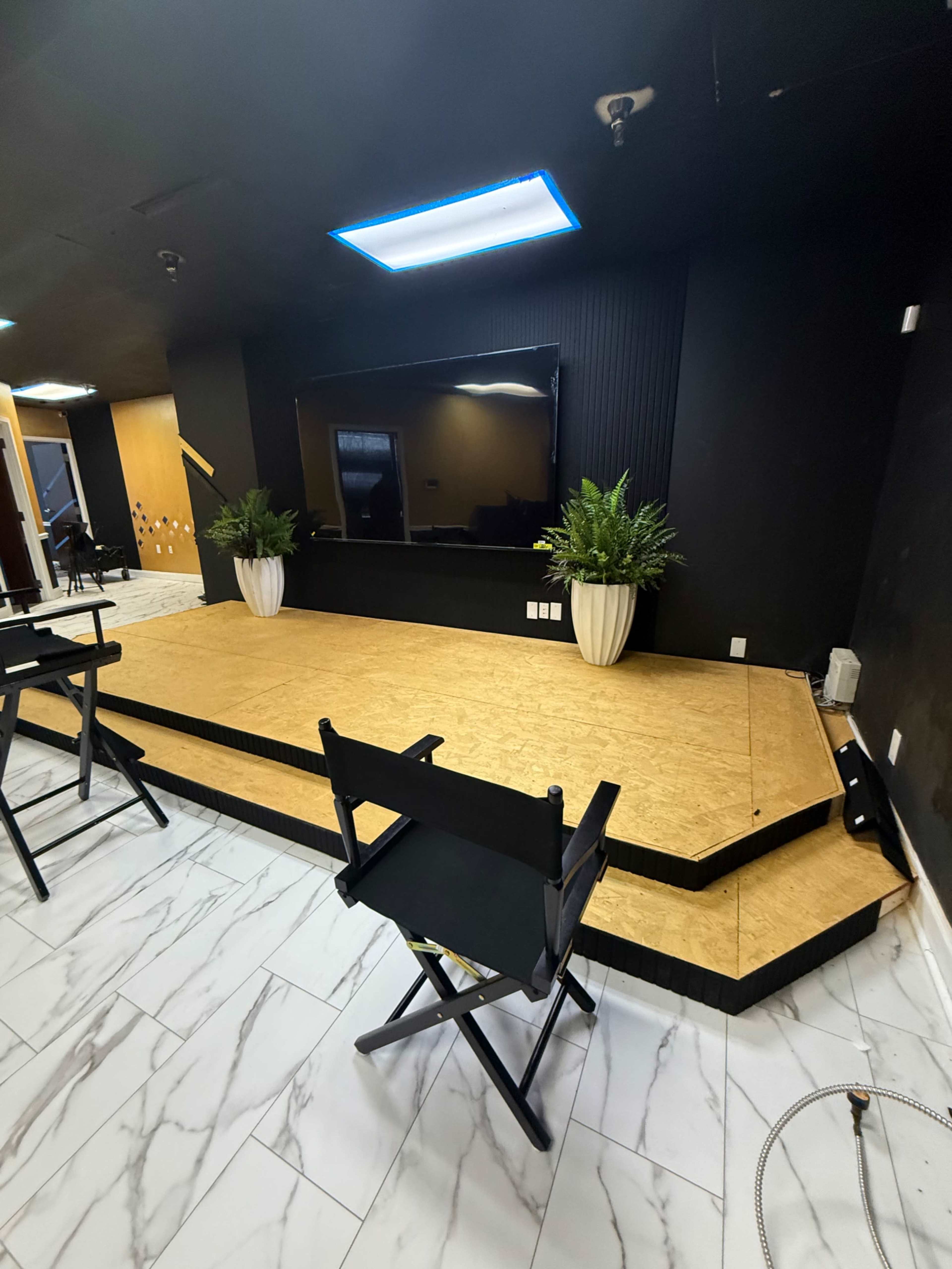 The image shows a stage area with a wooden platform, a television mounted on the wall, and two potted plants flanking the TV, with black chairs arranged in front.