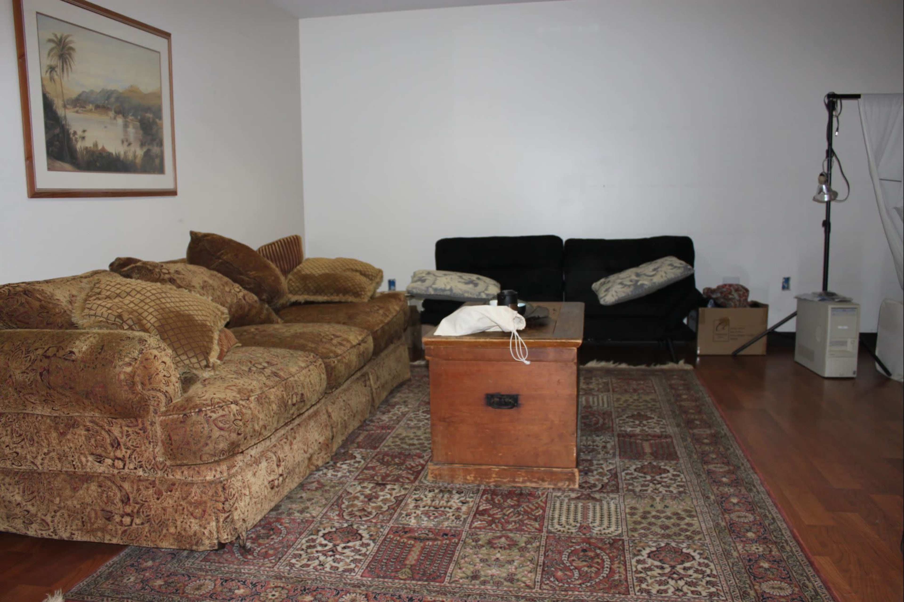 The room features a large, patterned sofa and a pair of black chairs arranged around a wooden coffee table on a decorative rug.