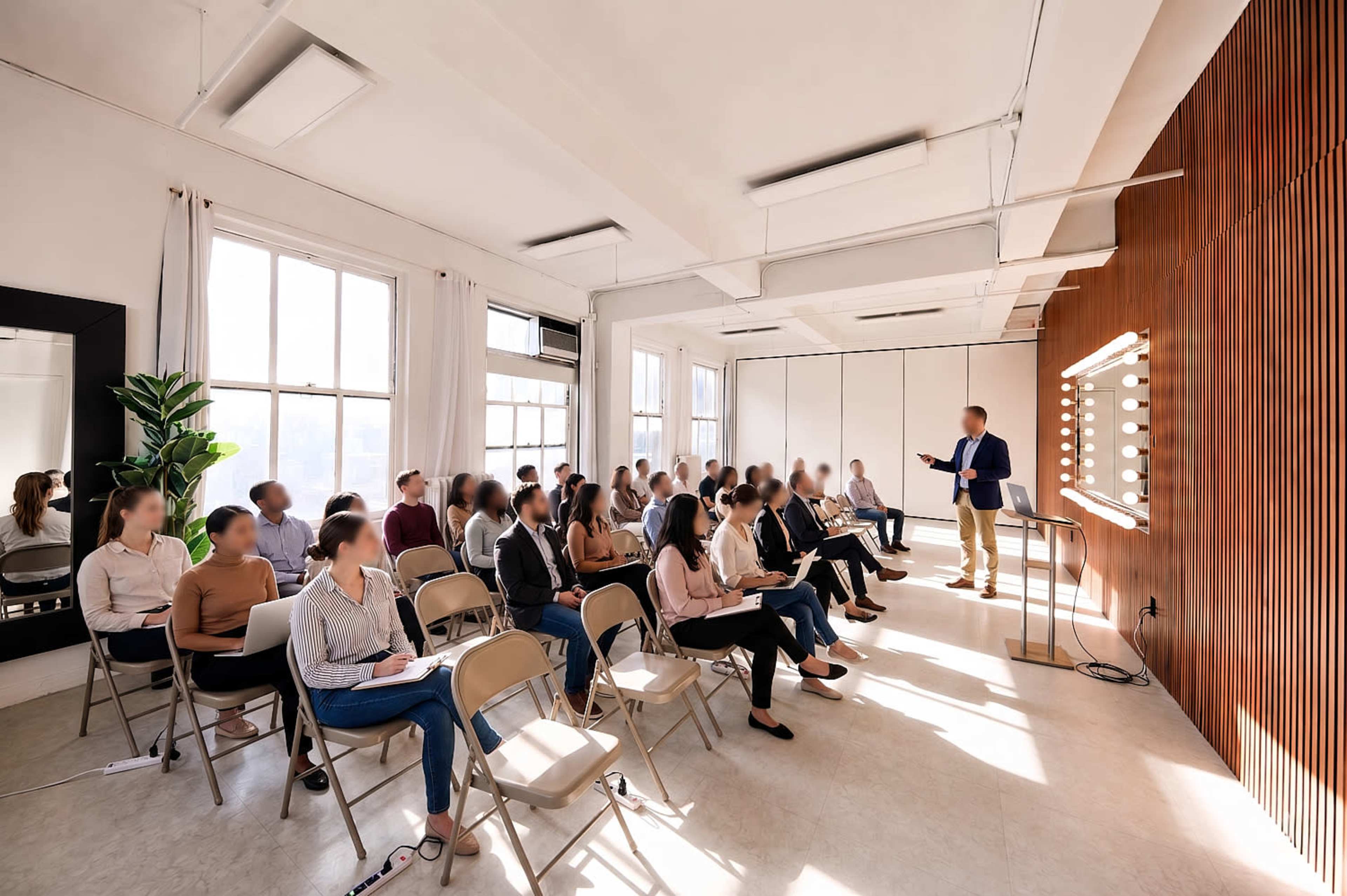 A group of people sits in chairs facing a presenter speaking in a well-lit room with large windows and a wooden accent wall.