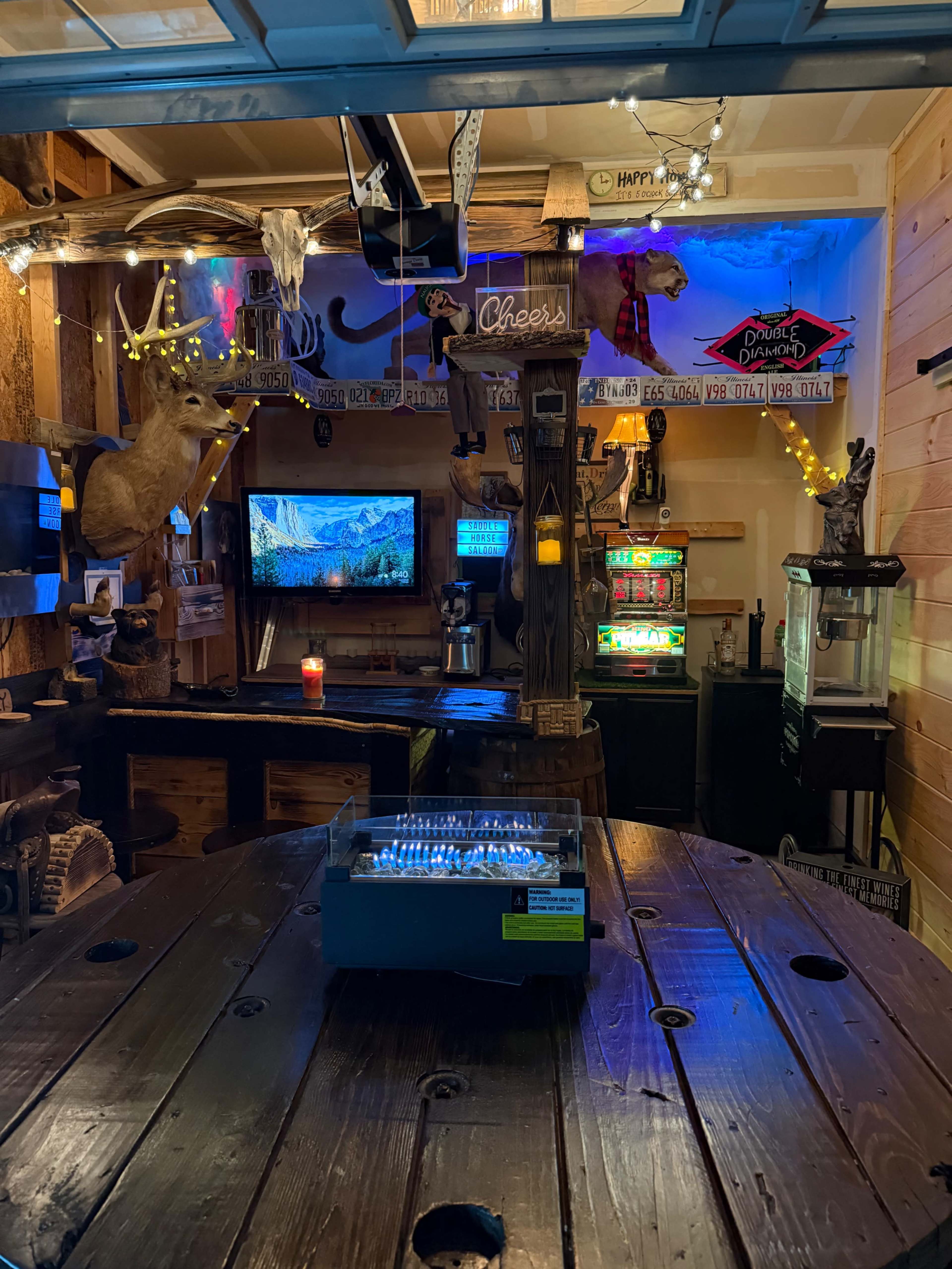 The image shows a rustic-themed room with wooden walls, bar amenities, a television displaying a mountain scene, and various decorative items including taxidermy and lights.