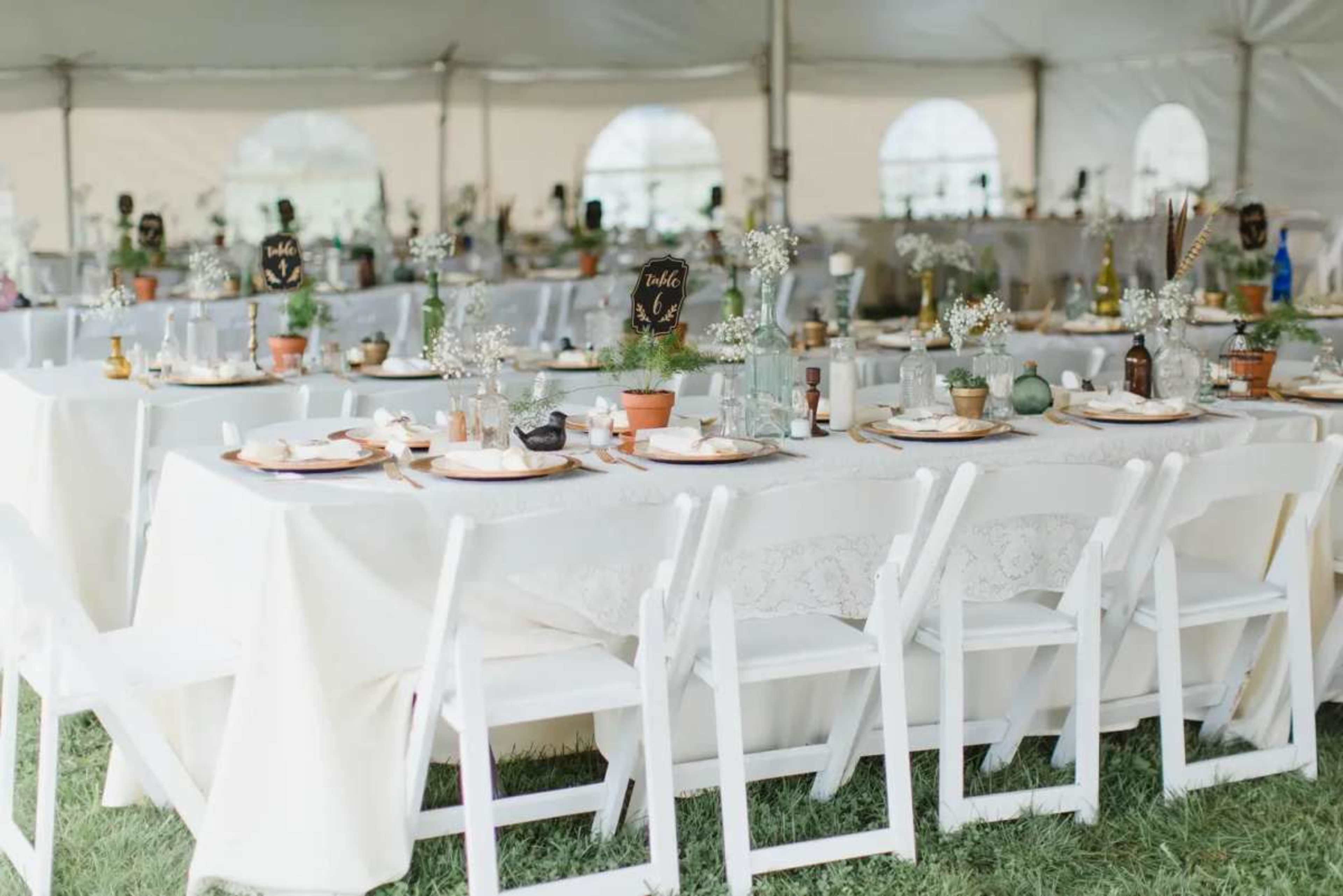 A tented dining area is set with long tables adorned with white tablecloths, centerpieces in pots, and rustic decor.