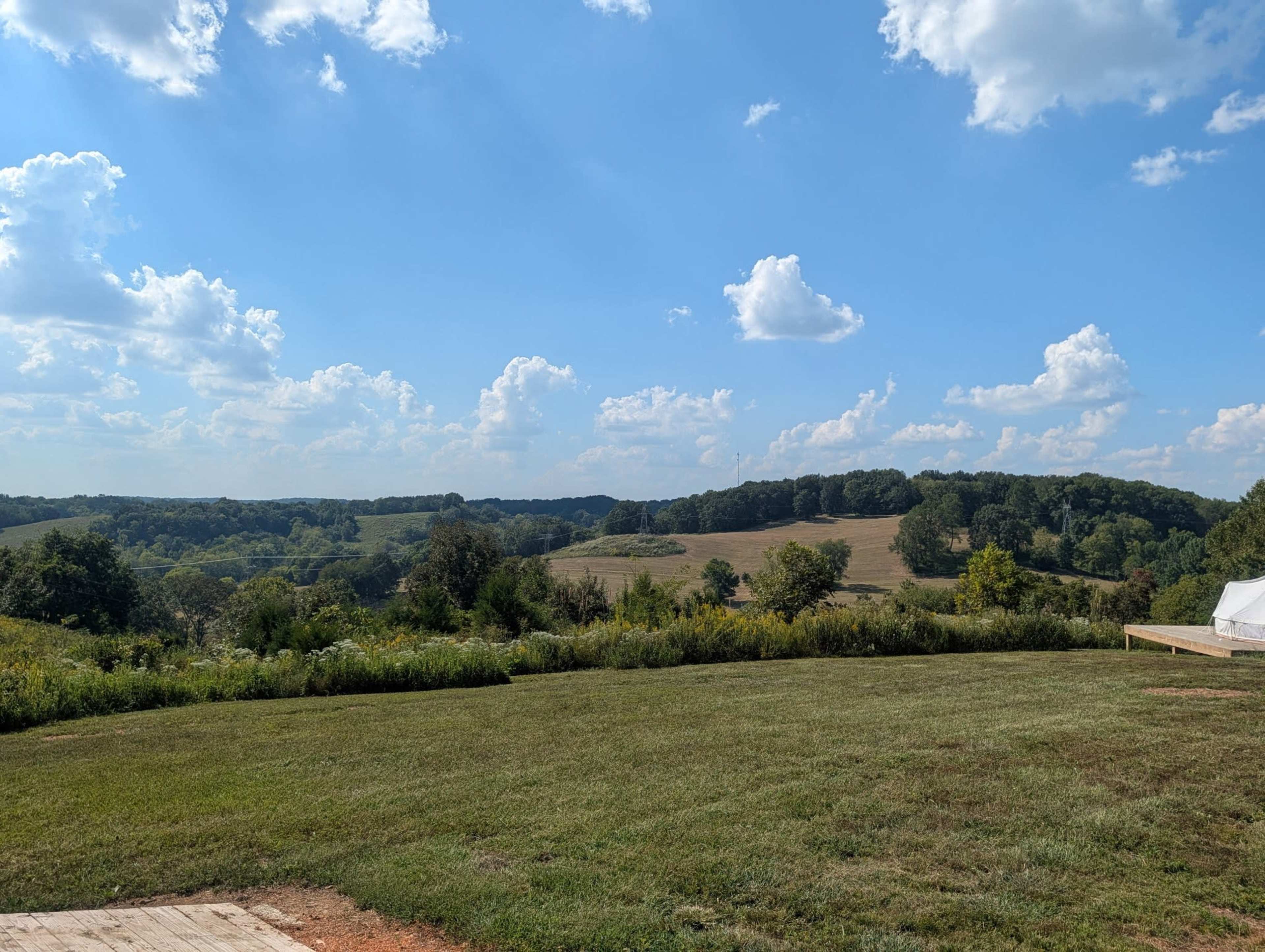 The image shows a grassy field with rolling hills in the background under a blue sky dotted with clouds.
