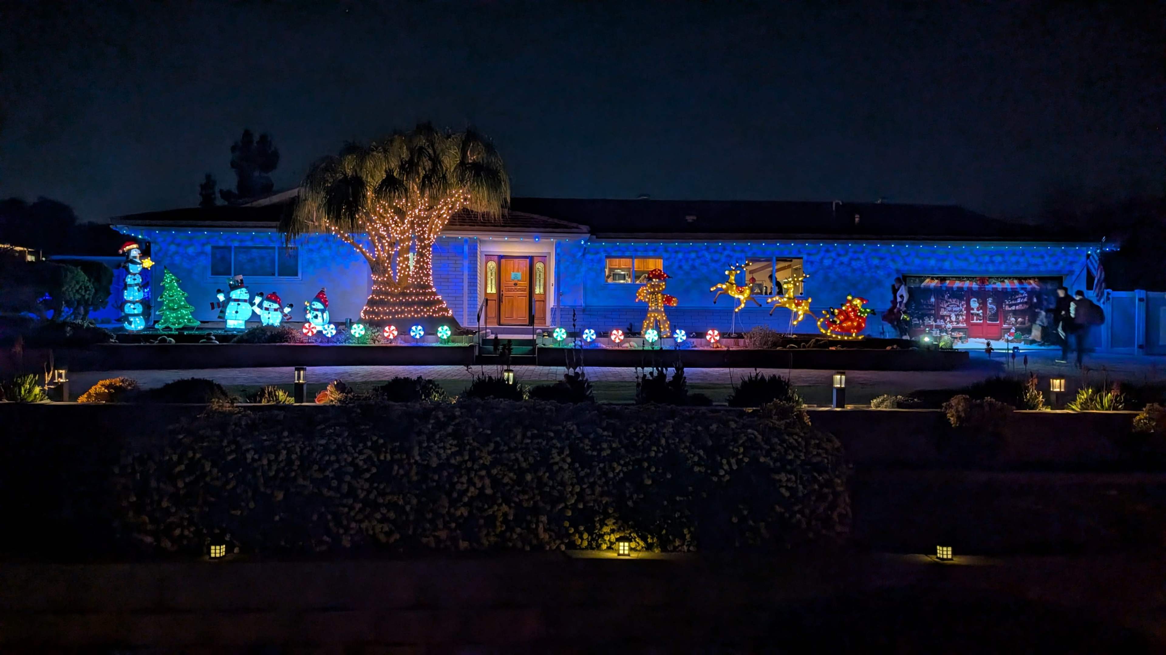 The scene features a house decorated with colorful Christmas lights and festive decorations in the yard, including snowmen, a palm tree wrapped in lights, and various holiday figures.