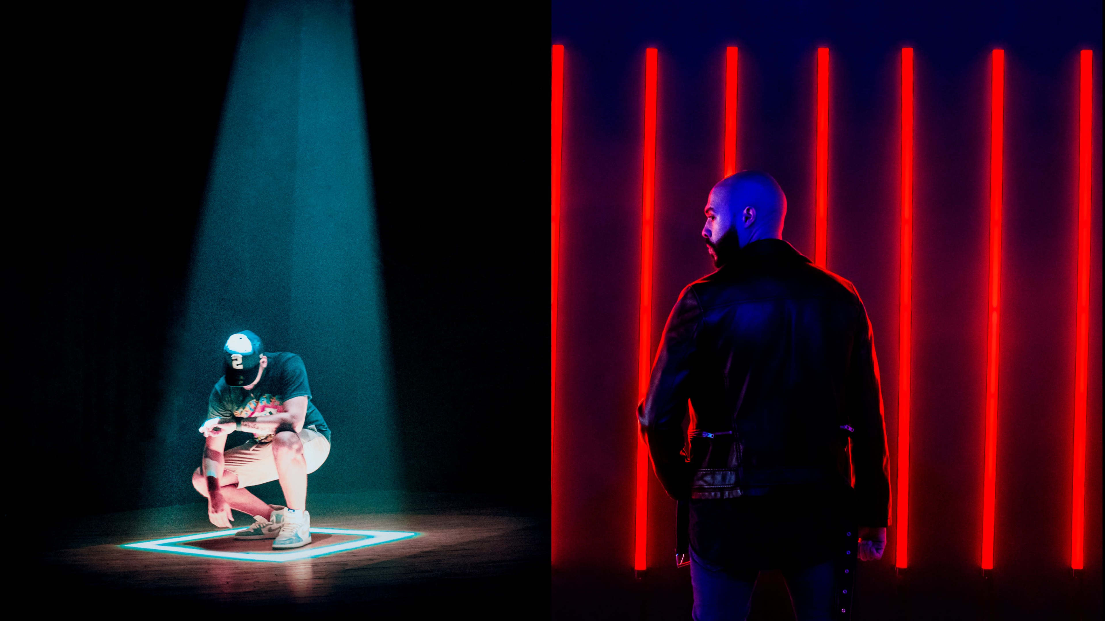 Two contrasting scenes: on the left, a person crouches in a spotlight with a glowing geometric outline, and on the right, another individual stands with their back to the viewer in front of vertical red lights.