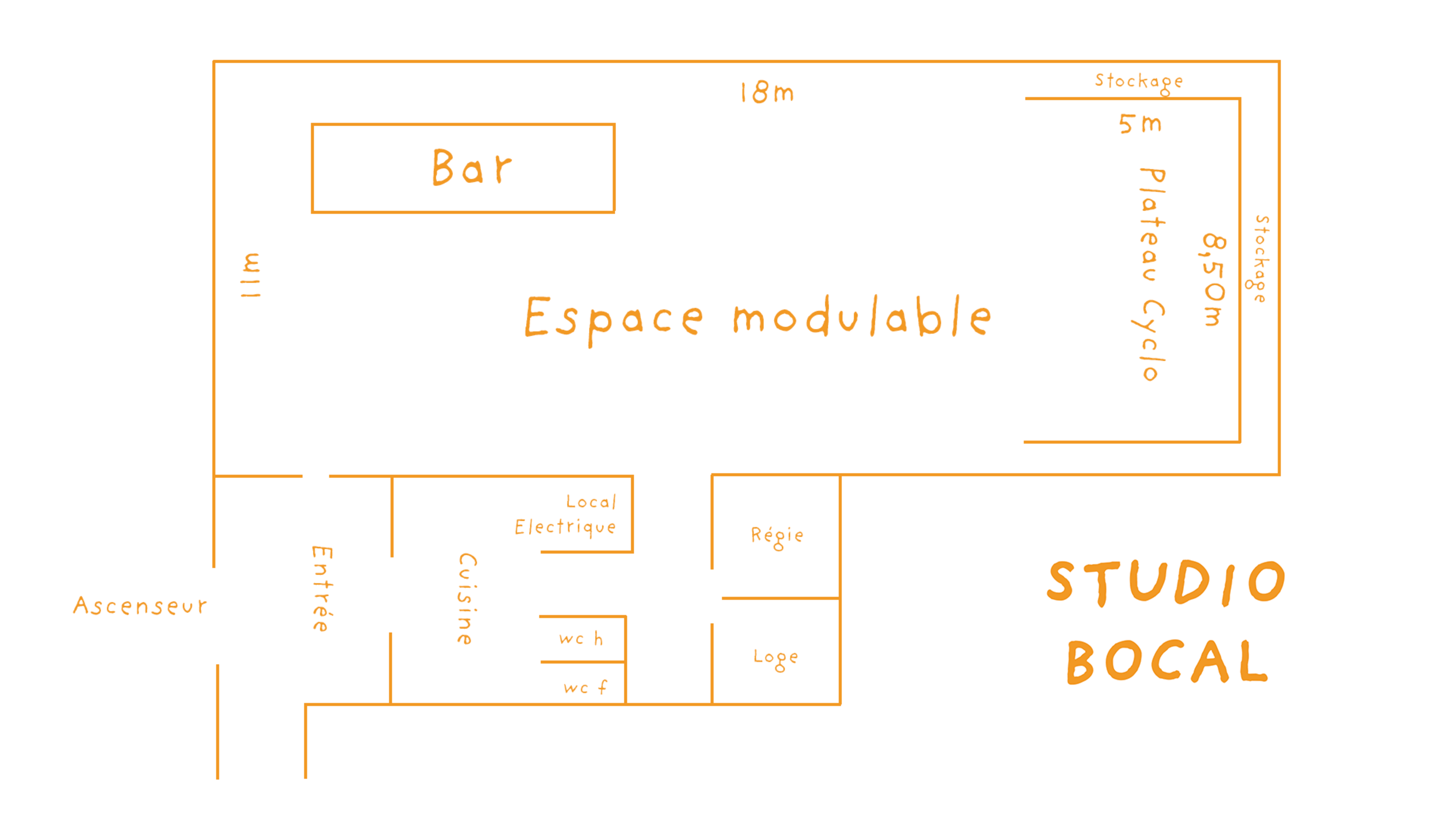 The image shows a floor plan of a venue labeled "Studio Bocal," featuring areas such as a bar, modulable space, storage, kitchen, and restroom facilities.