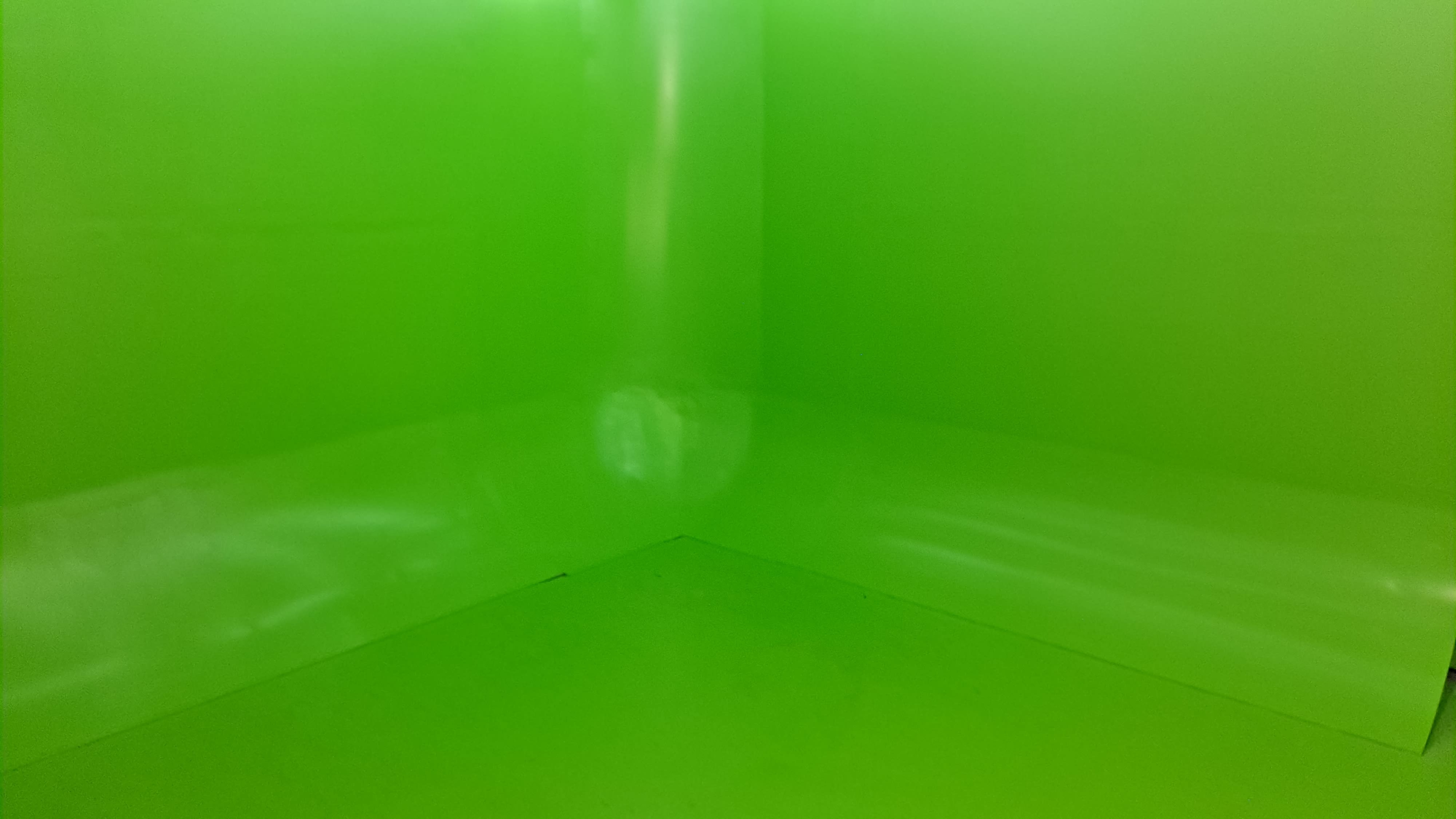 The image shows a room with bright green walls and floor forming a corner.