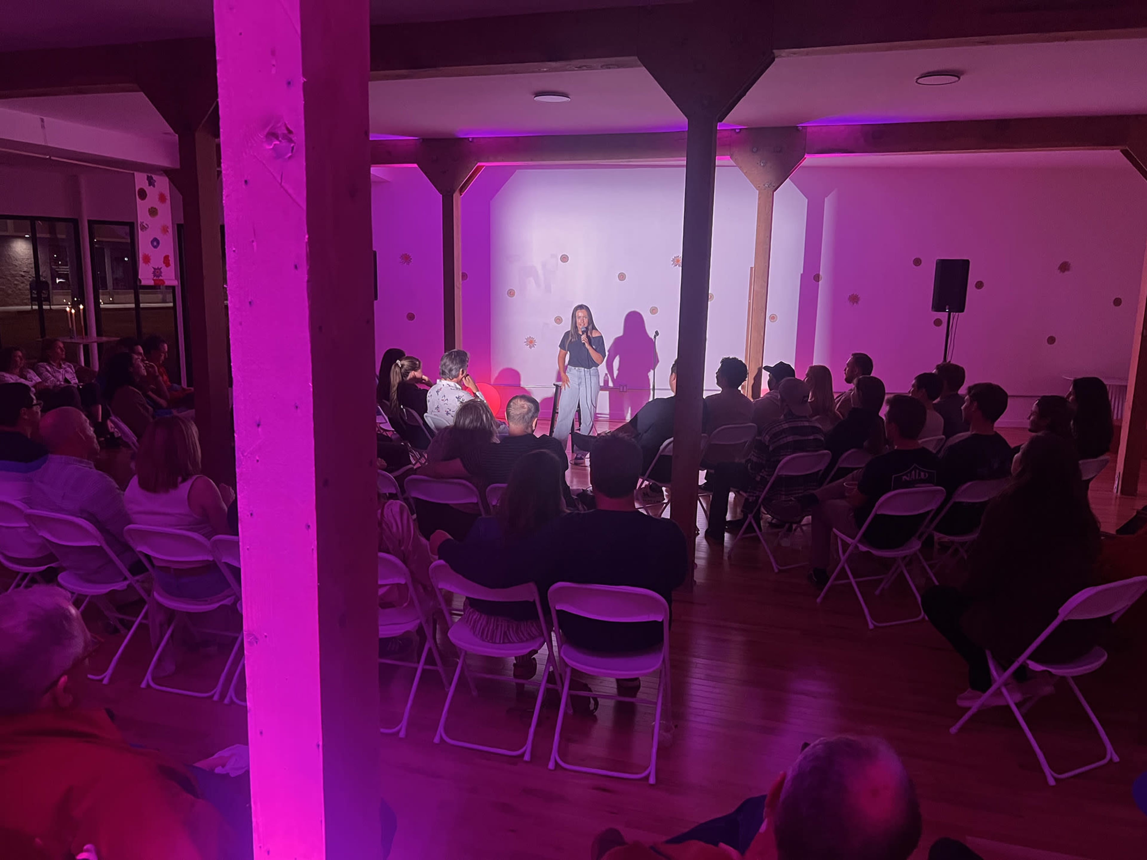 A speaker stands on a stage in front of a seated audience under pink lighting.