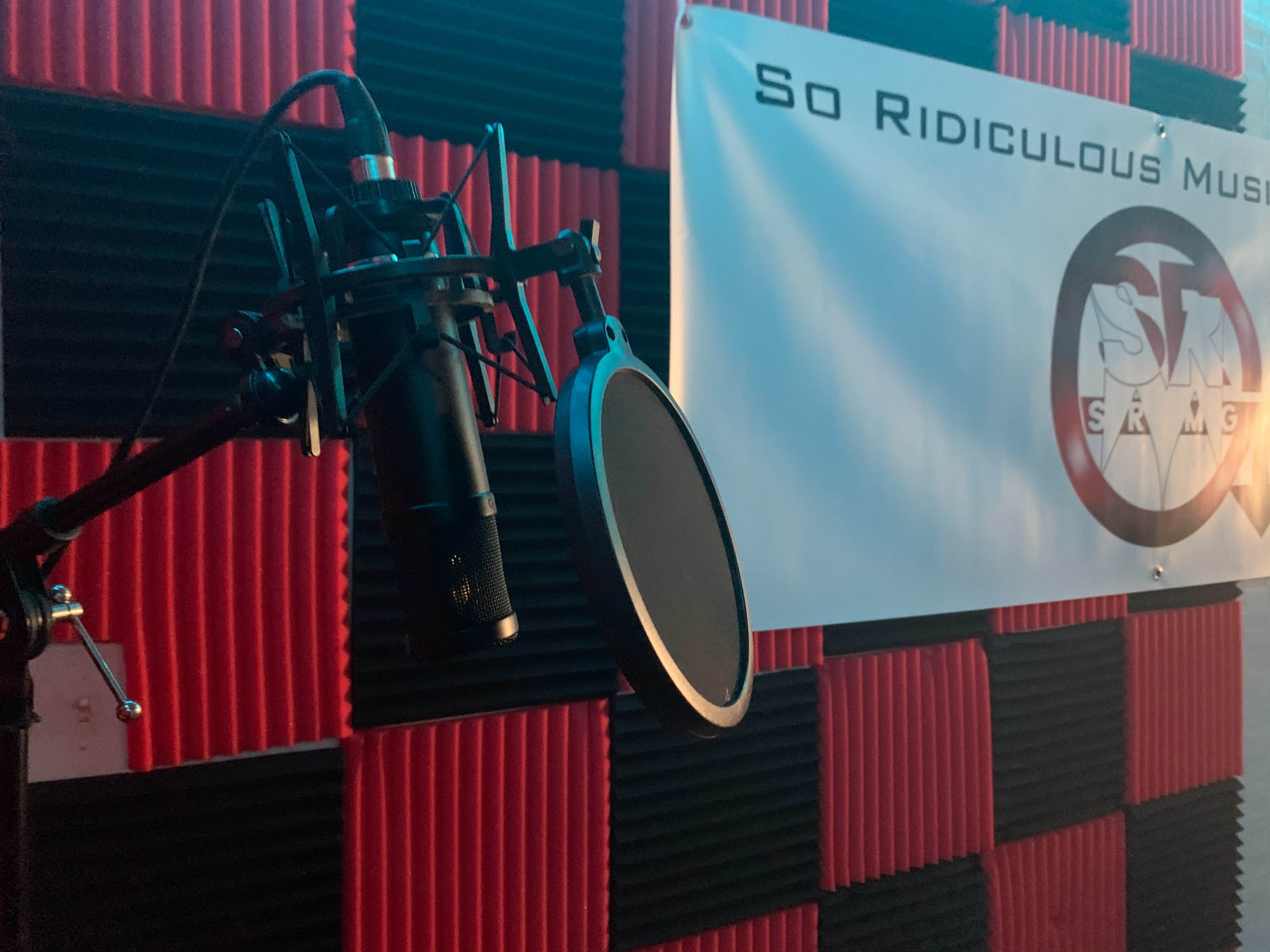 A microphone with a pop filter set against a background of soundproofing panels and a banner for "So Ridiculous Music."