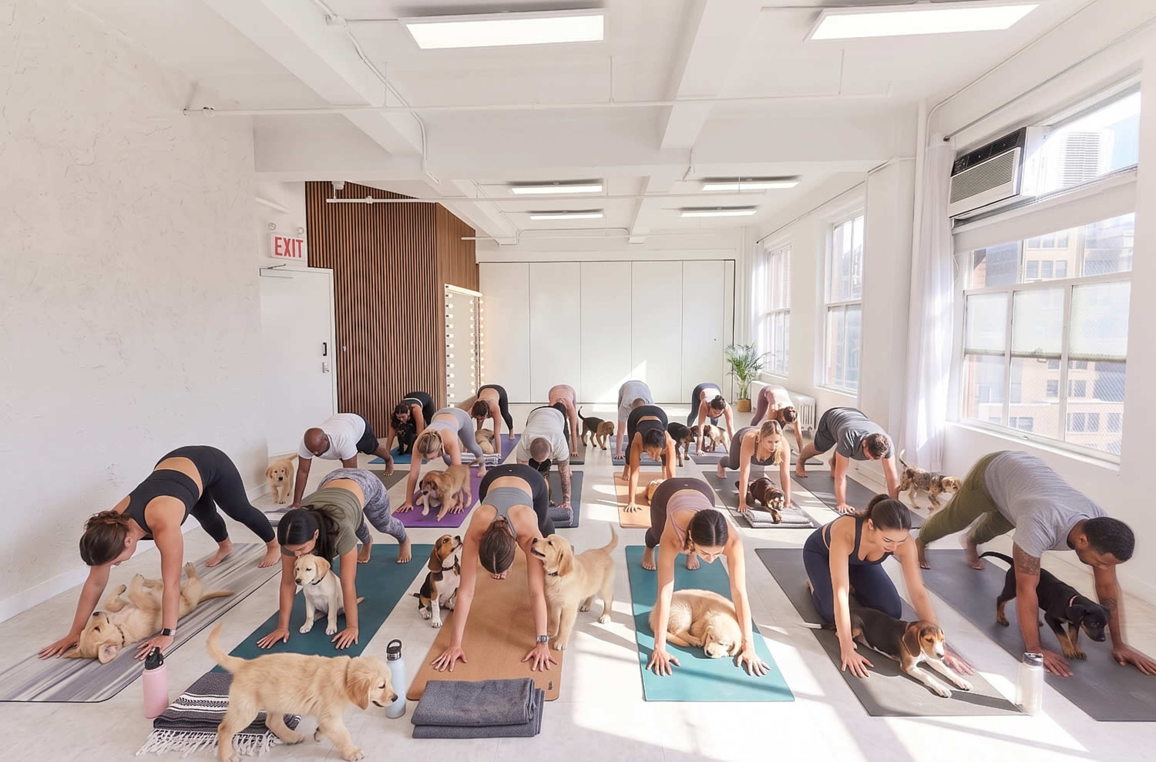 A group of people is practicing yoga in a bright studio, with several dogs lying on the mats and around them.