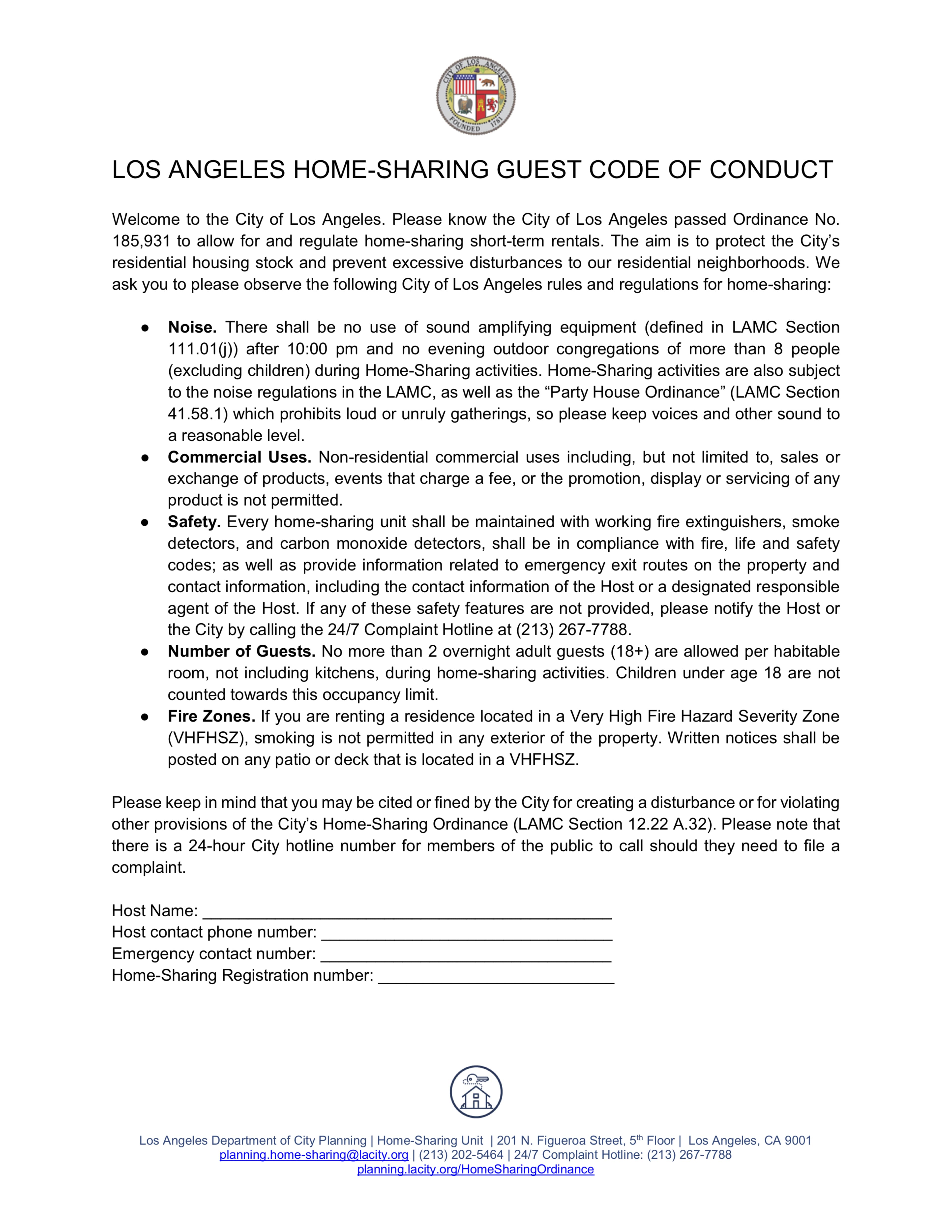 The document outlines the Los Angeles home-sharing guest code of conduct, detailing regulations and responsibilities for guests participating in short-term rentals.