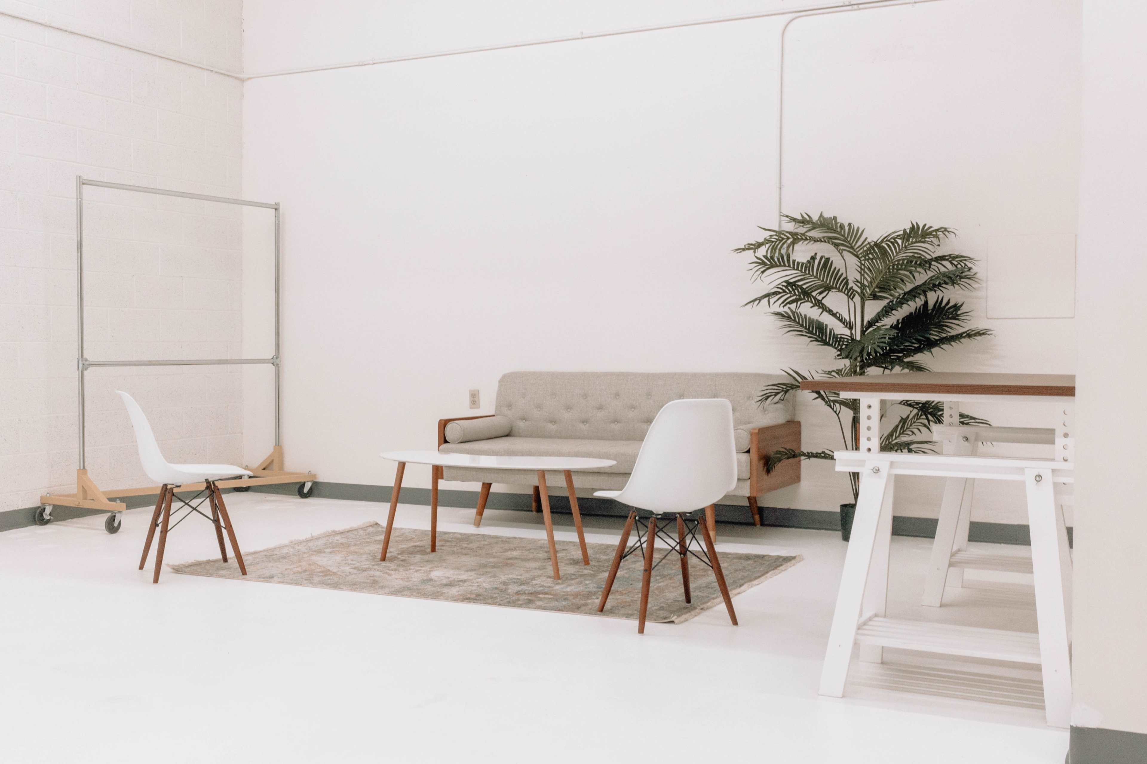 A minimalistic room with a gray sofa, two white chairs, a small wooden table, a rug, and a potted plant.