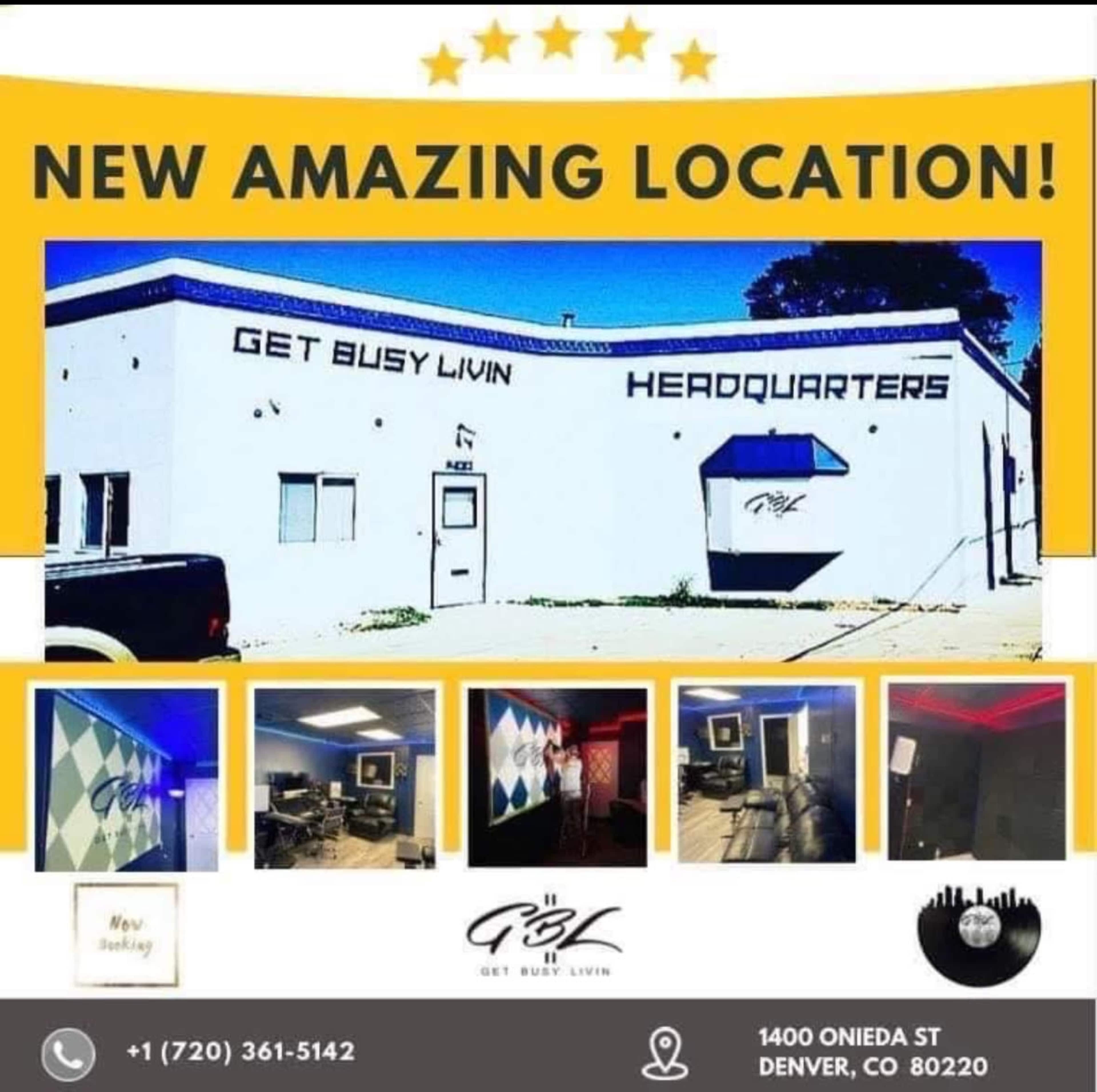 The image features a newly opened headquarters building for "Get Busy Livin" in Denver, Colorado, showcasing its exterior and various interior spaces.