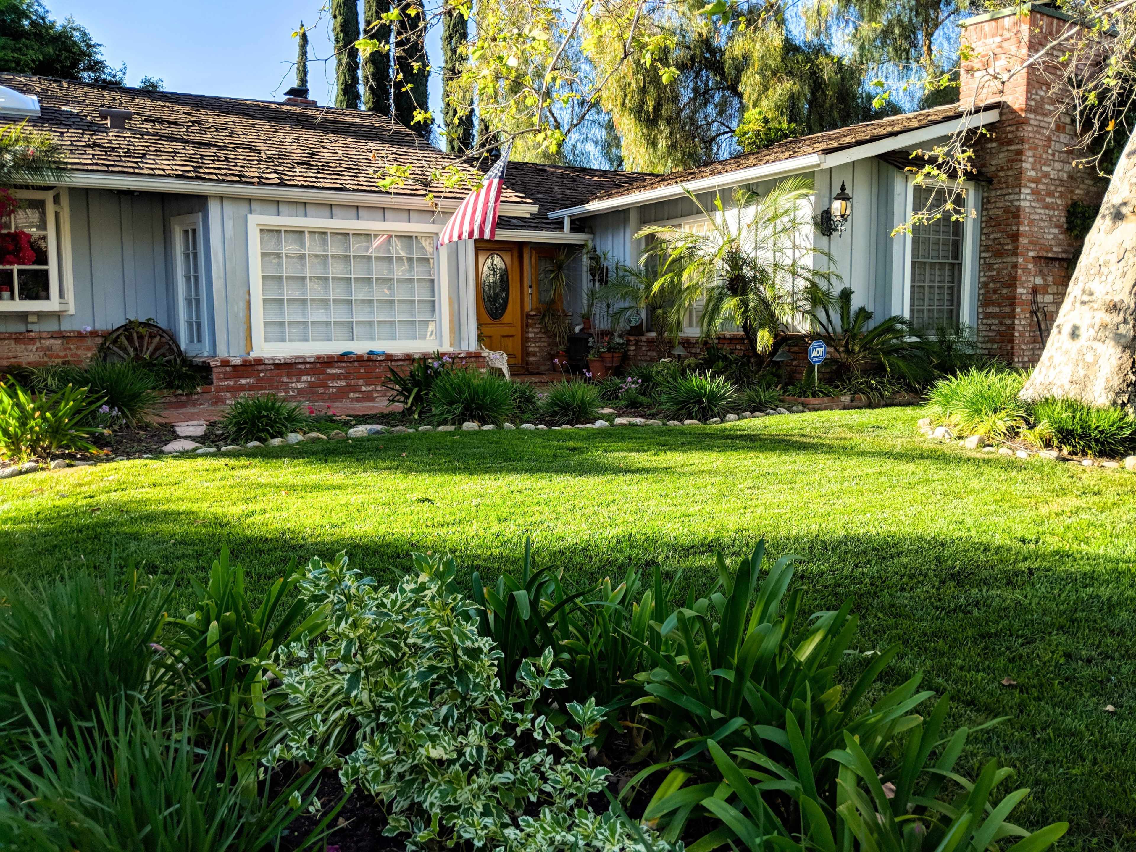 A well-manicured front yard features a blue house with an American flag and a stone pathway, surrounded by various plants and shrubs.