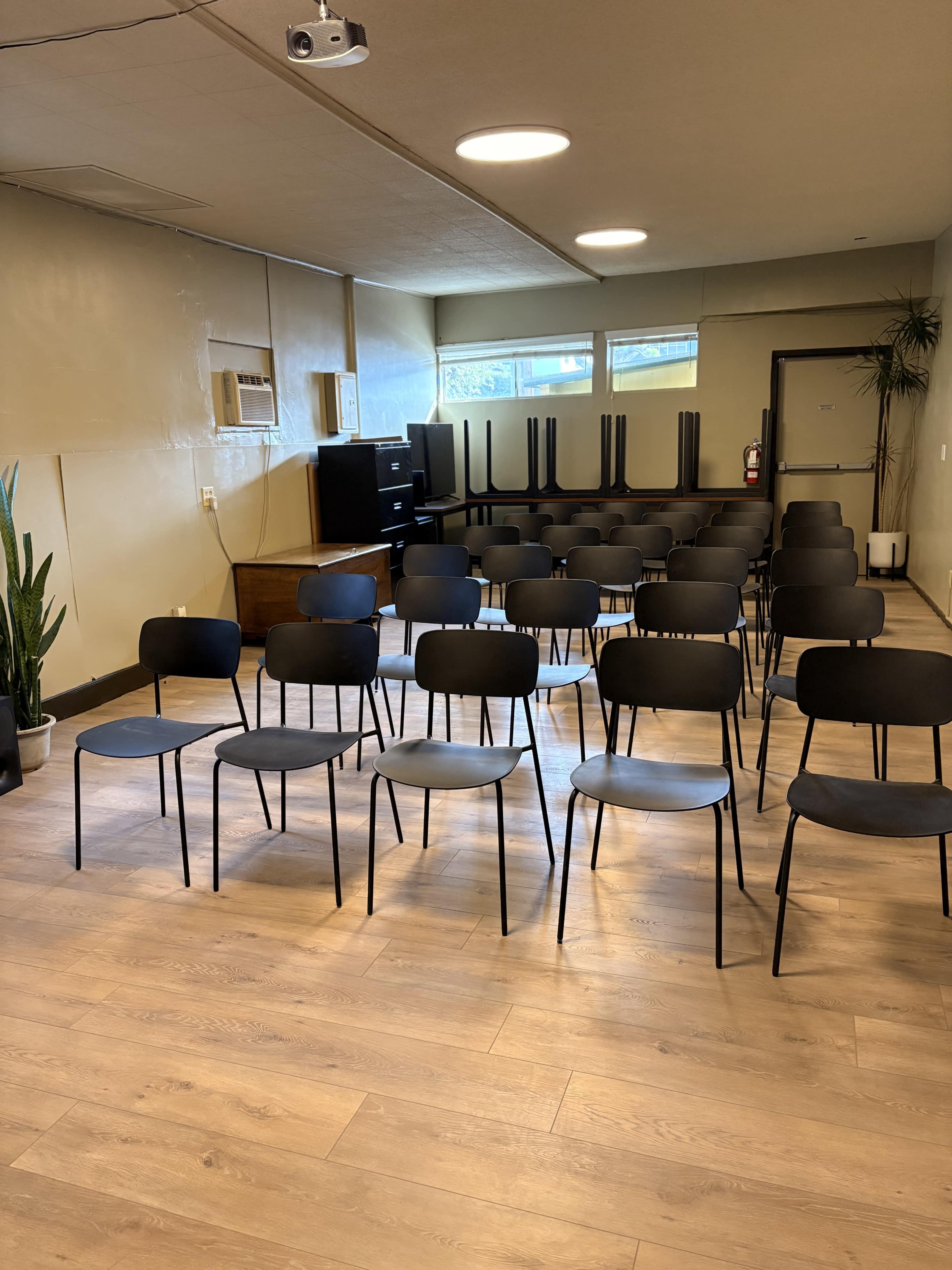 The image shows a room arranged with rows of black chairs facing a wall, with a projector hanging from the ceiling and a plant in the corner.