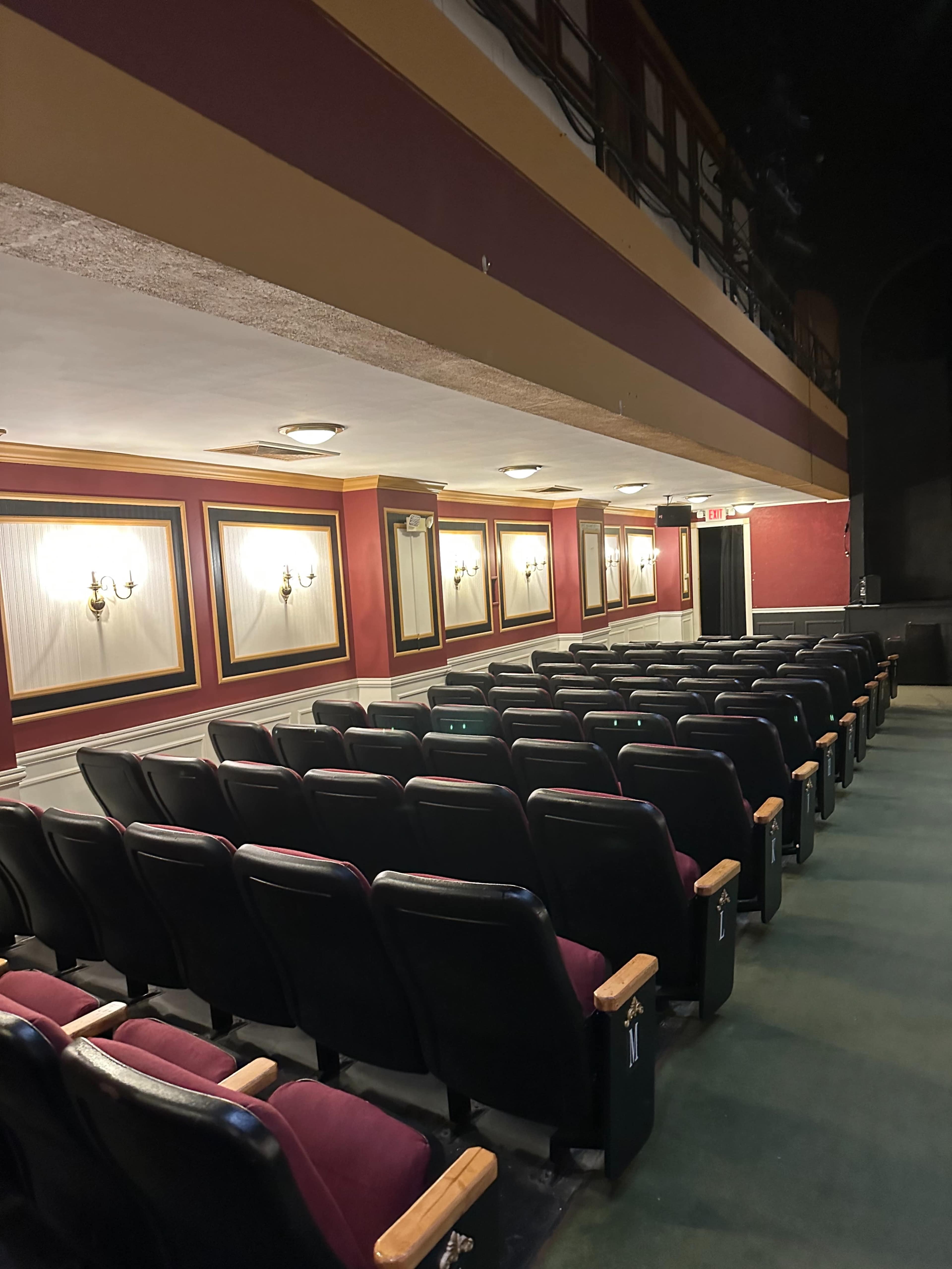 The image shows a row of empty theater seats arranged in a dimly lit auditorium with decorative walls.