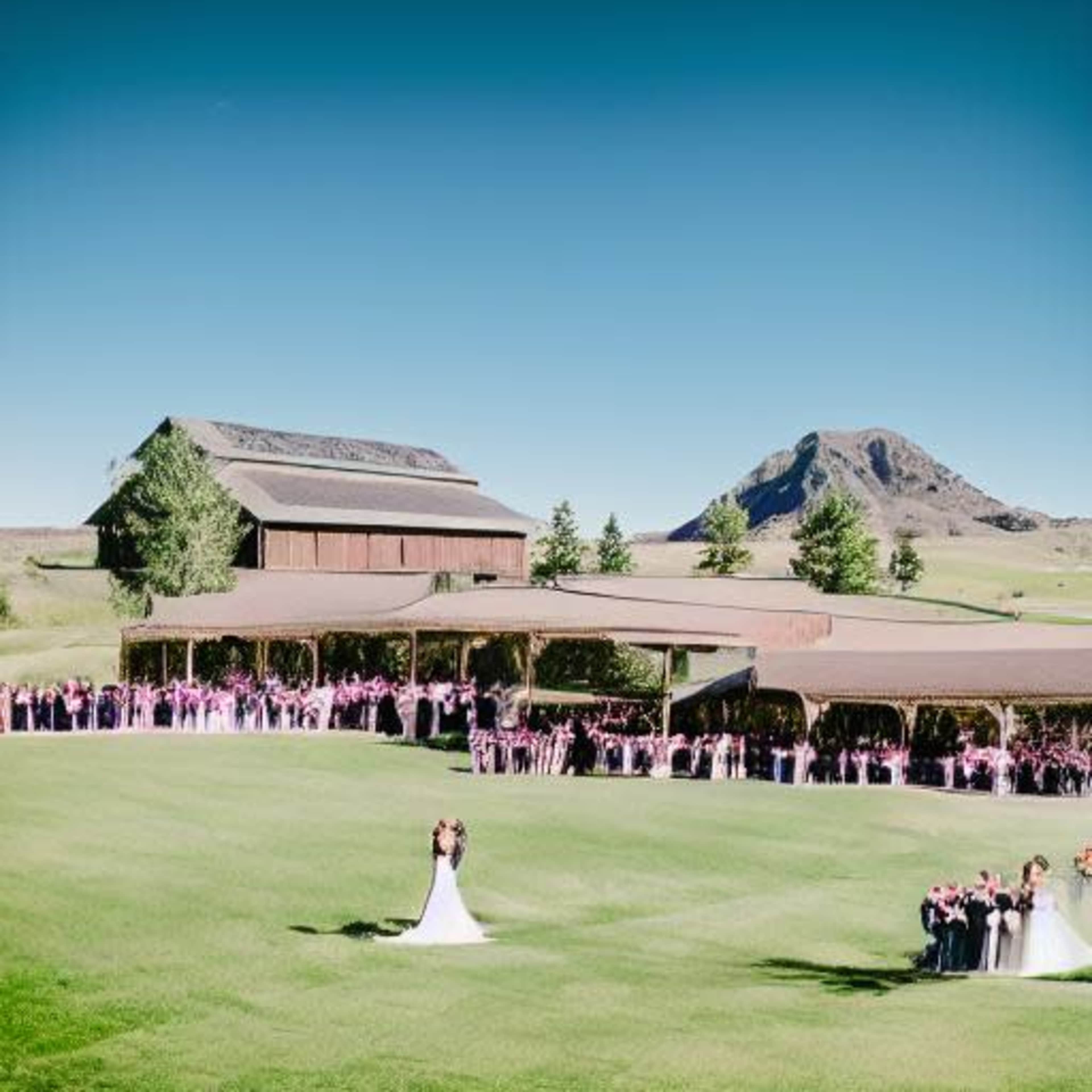 A bride and groom stand on a green lawn in front of a large gathering of guests at a rustic venue surrounded by mountains.
