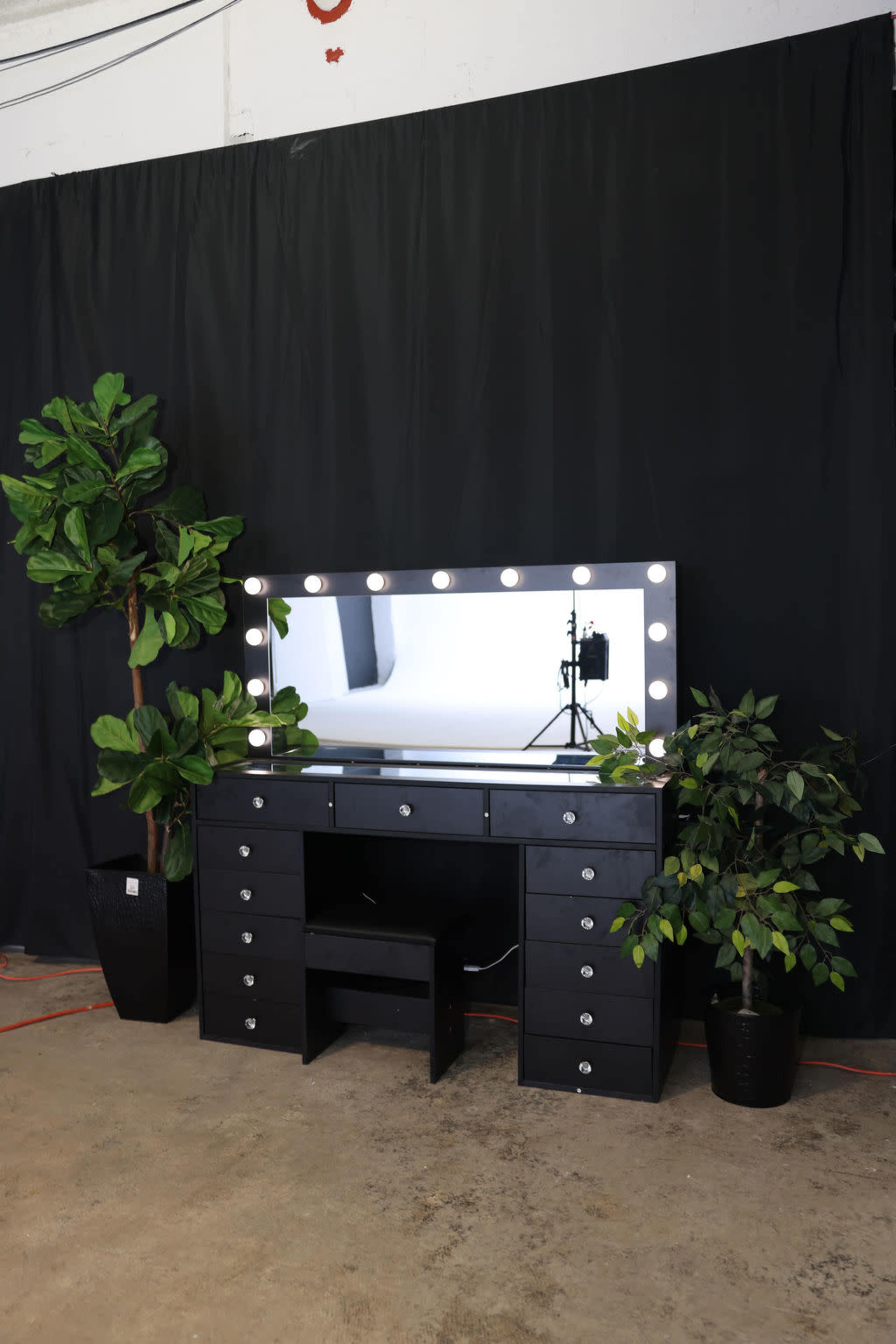 The image shows a black vanity table with a large illuminated mirror, flanked by two potted plants, against a black backdrop.