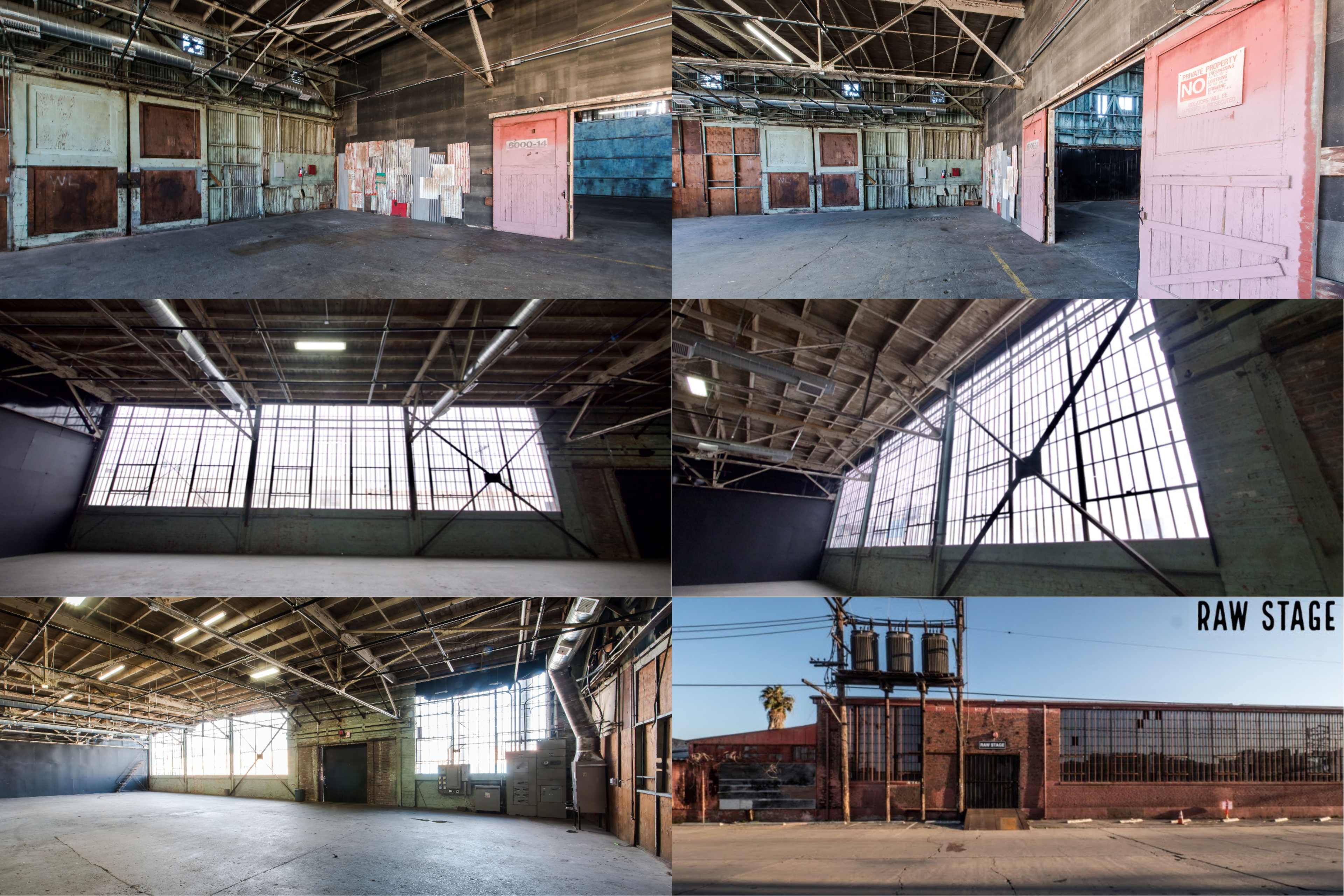 The image showcases a large, industrial space with multiple views, featuring high ceilings, large windows, and various wooden doors in an urban setting.