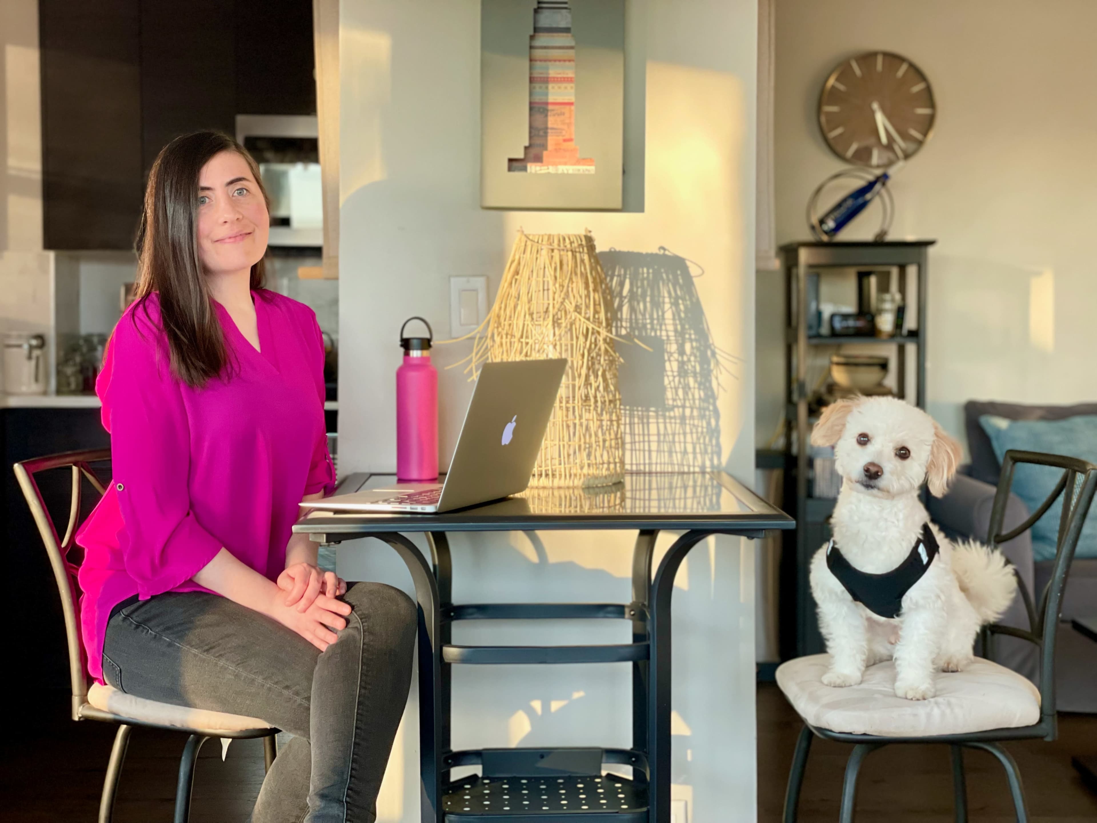 A woman with long hair sits at a table with a laptop, while a small dog in a harness sits on a chair beside her in a well-lit room.