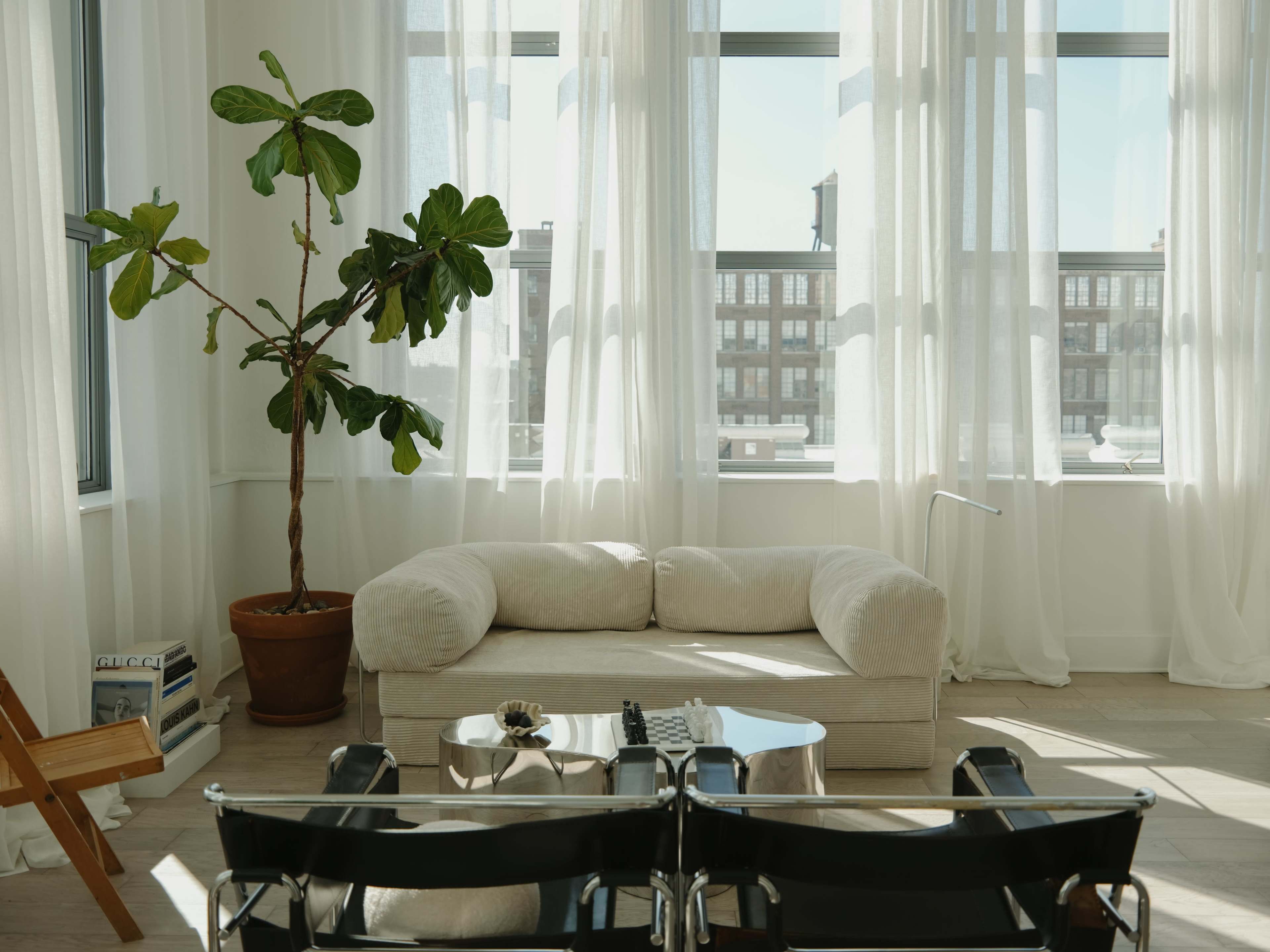 A modern living room features a light-colored sofa, a potted plant, and large windows draped with sheer curtains.