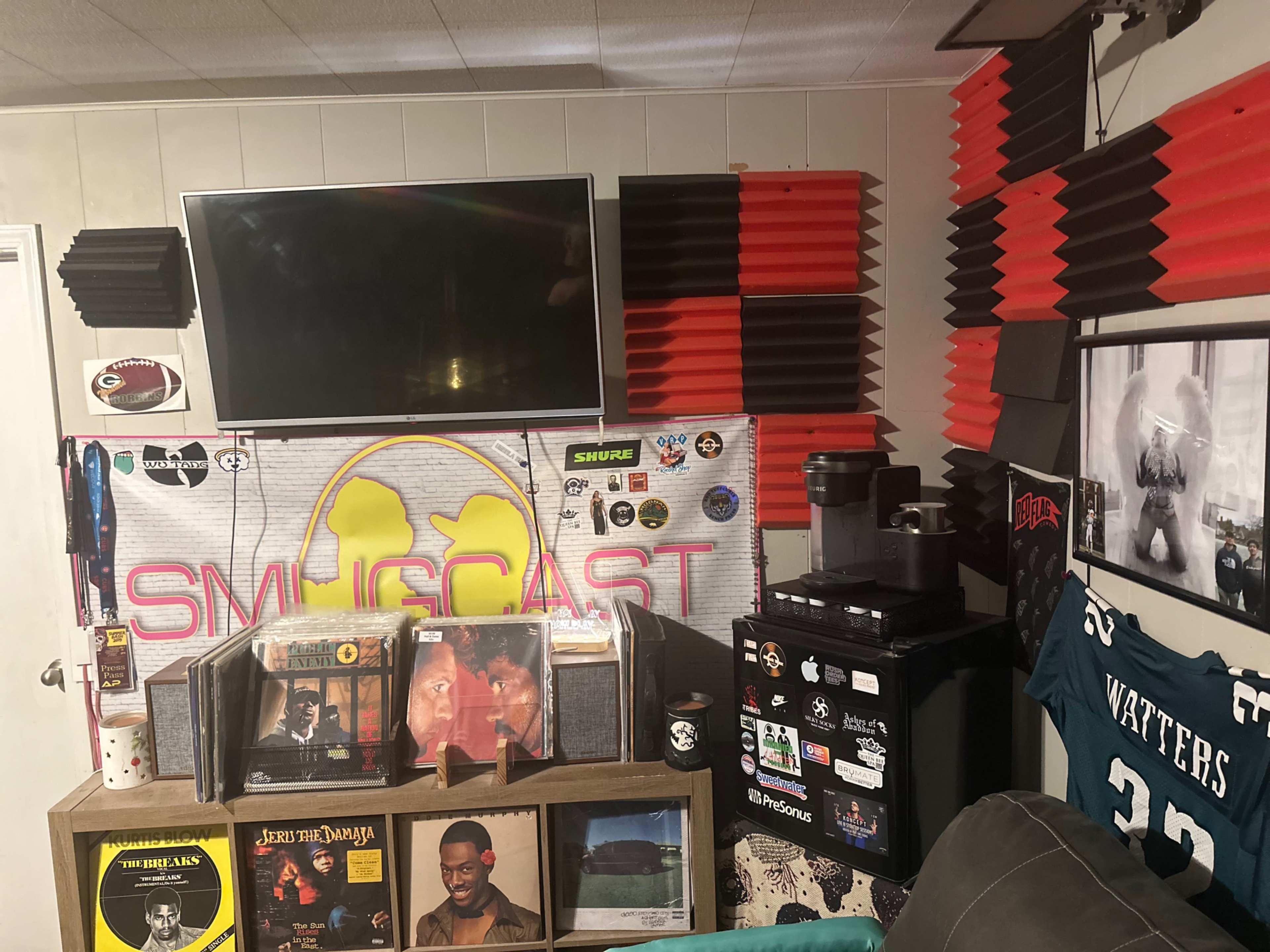 A room with a wall-mounted TV, acoustic foam panels, a collection of vinyl records displayed on a shelf, and various posters and stickers decorating the space.